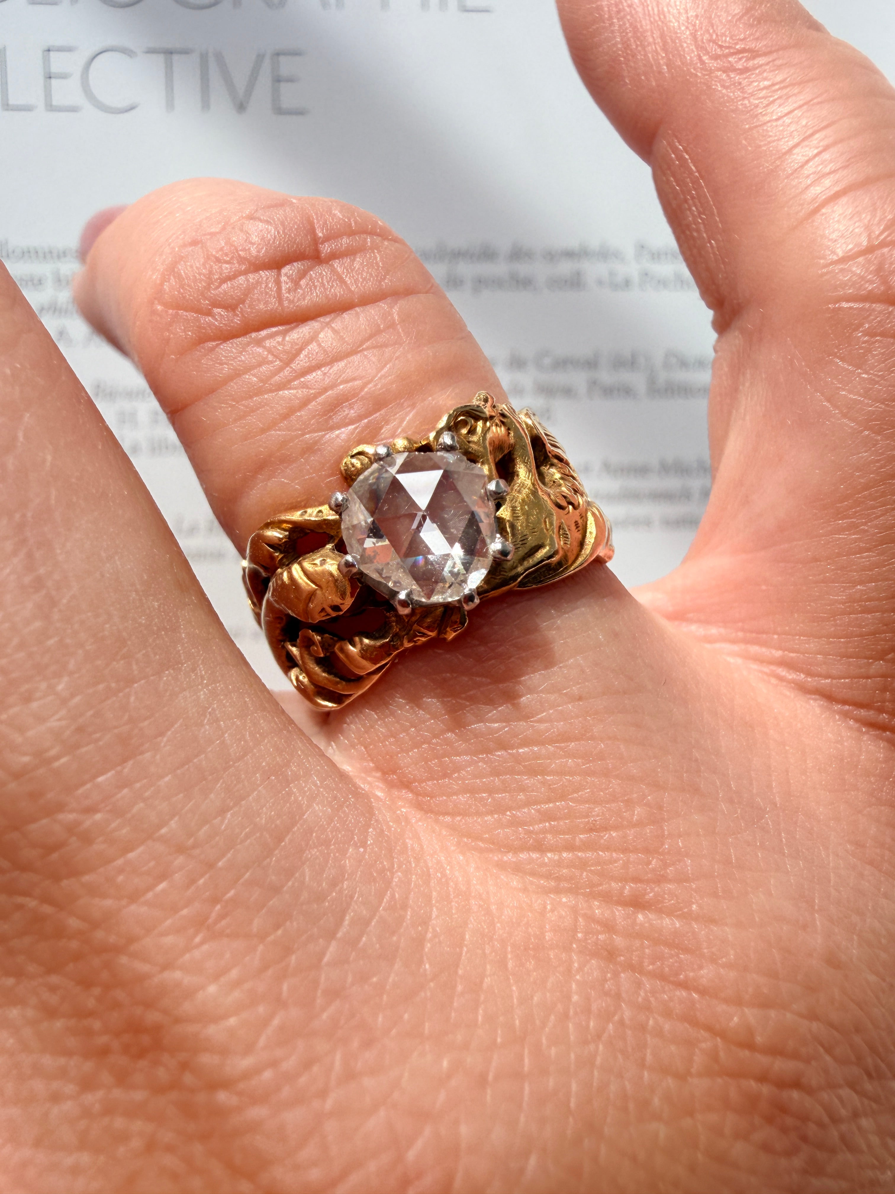 French Art nouveau 18K gold chimera snake diamond ring