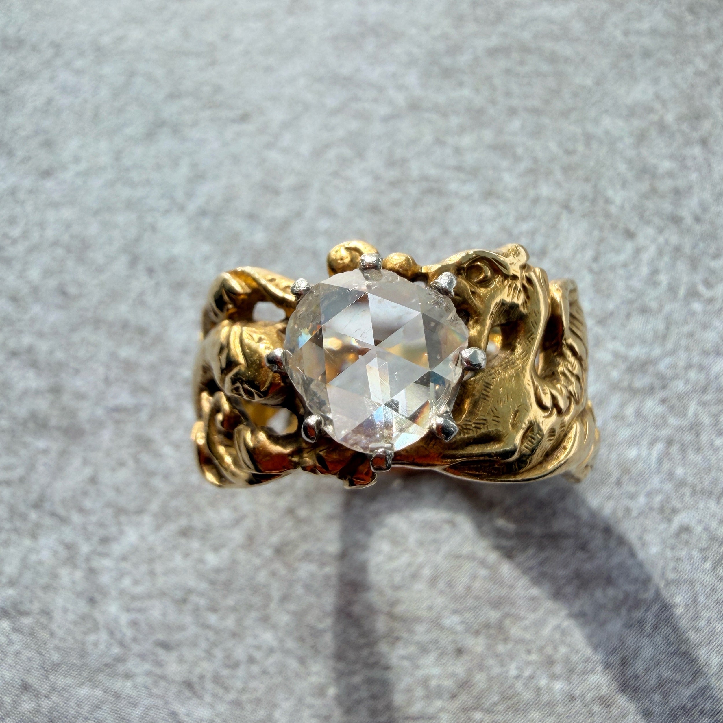 French Art nouveau 18K gold chimera snake diamond ring