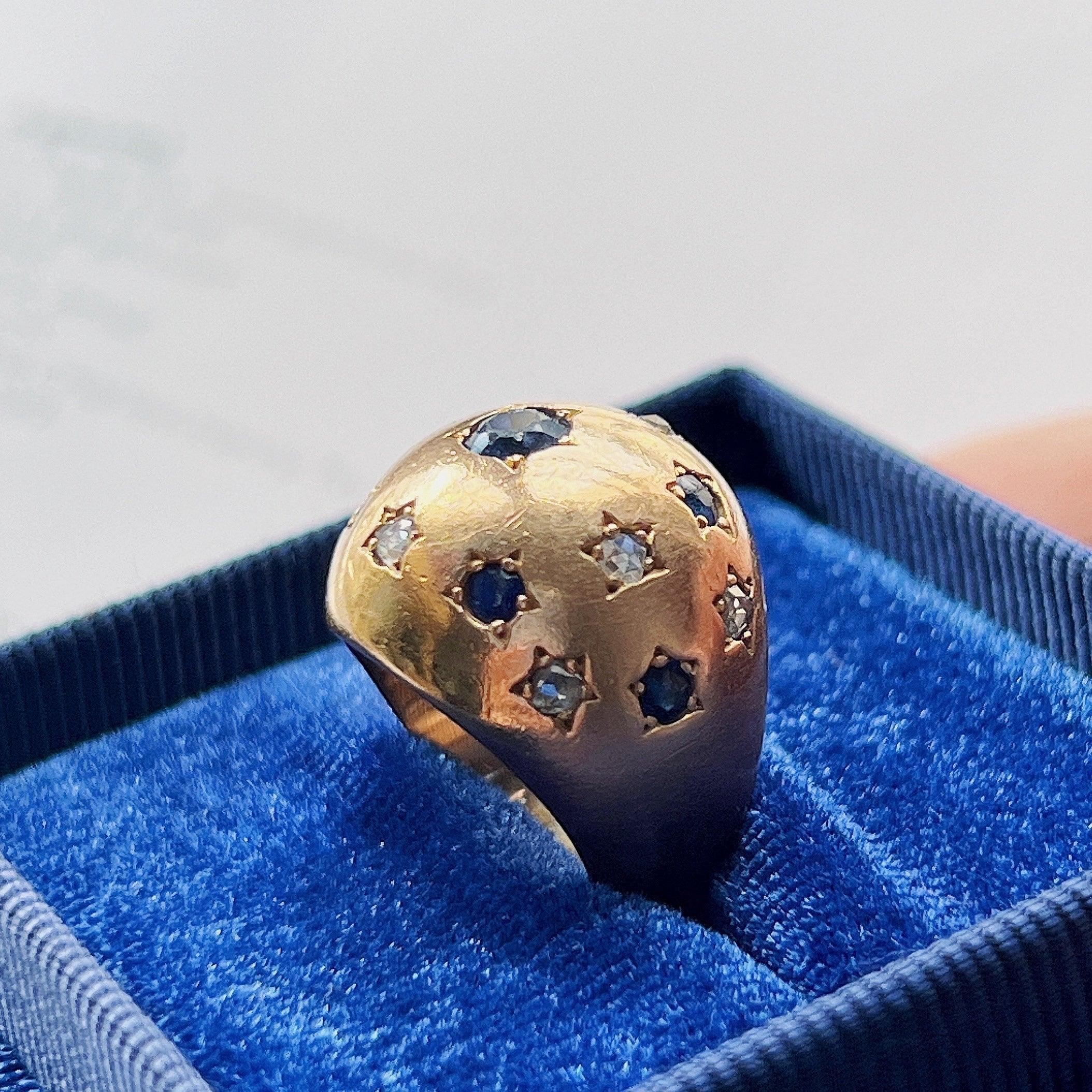 Vintage retro 18K gold blue sapphire diamond bombe star ring - Curiously timeless
