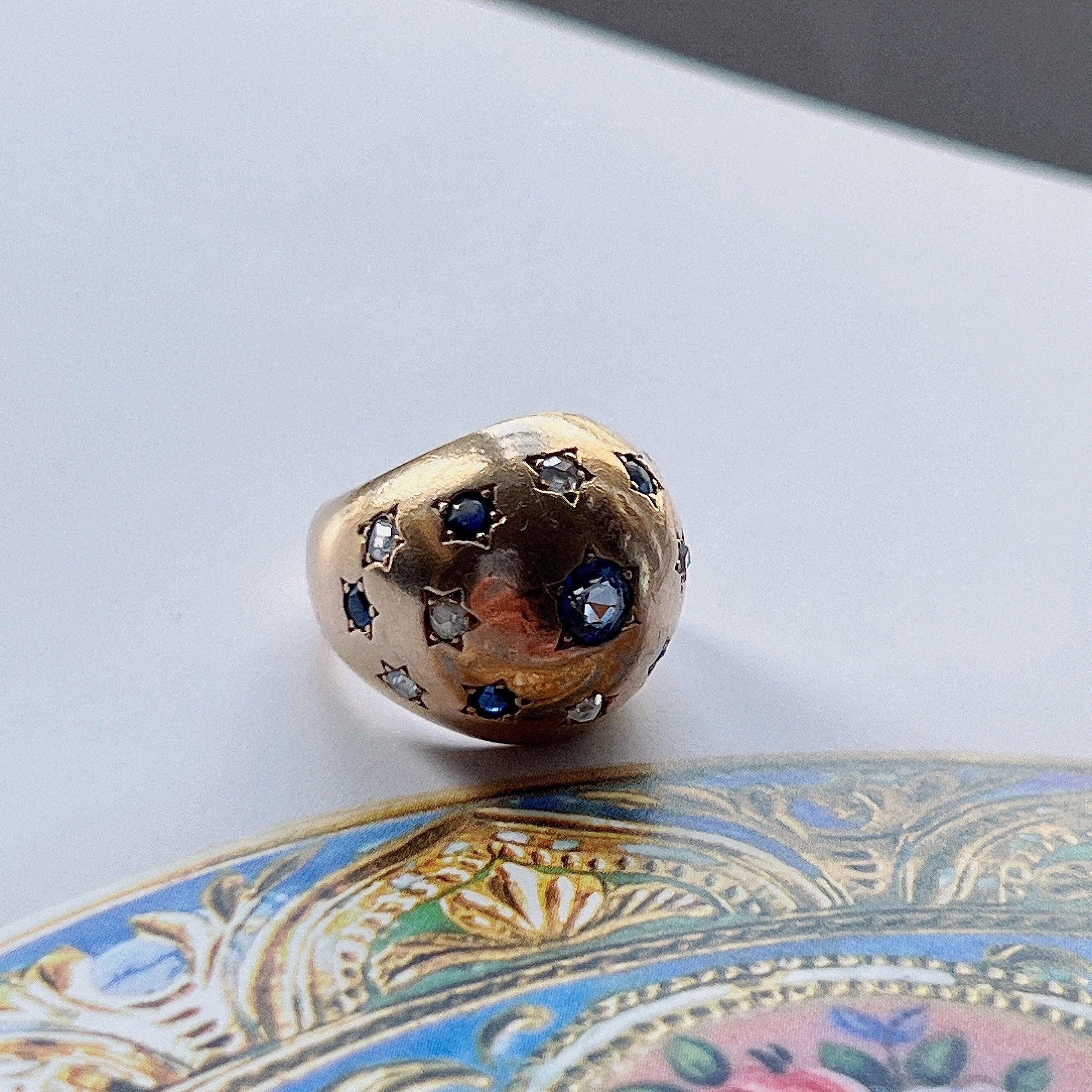 Vintage retro 18K gold blue sapphire diamond bombe star ring - Curiously timeless