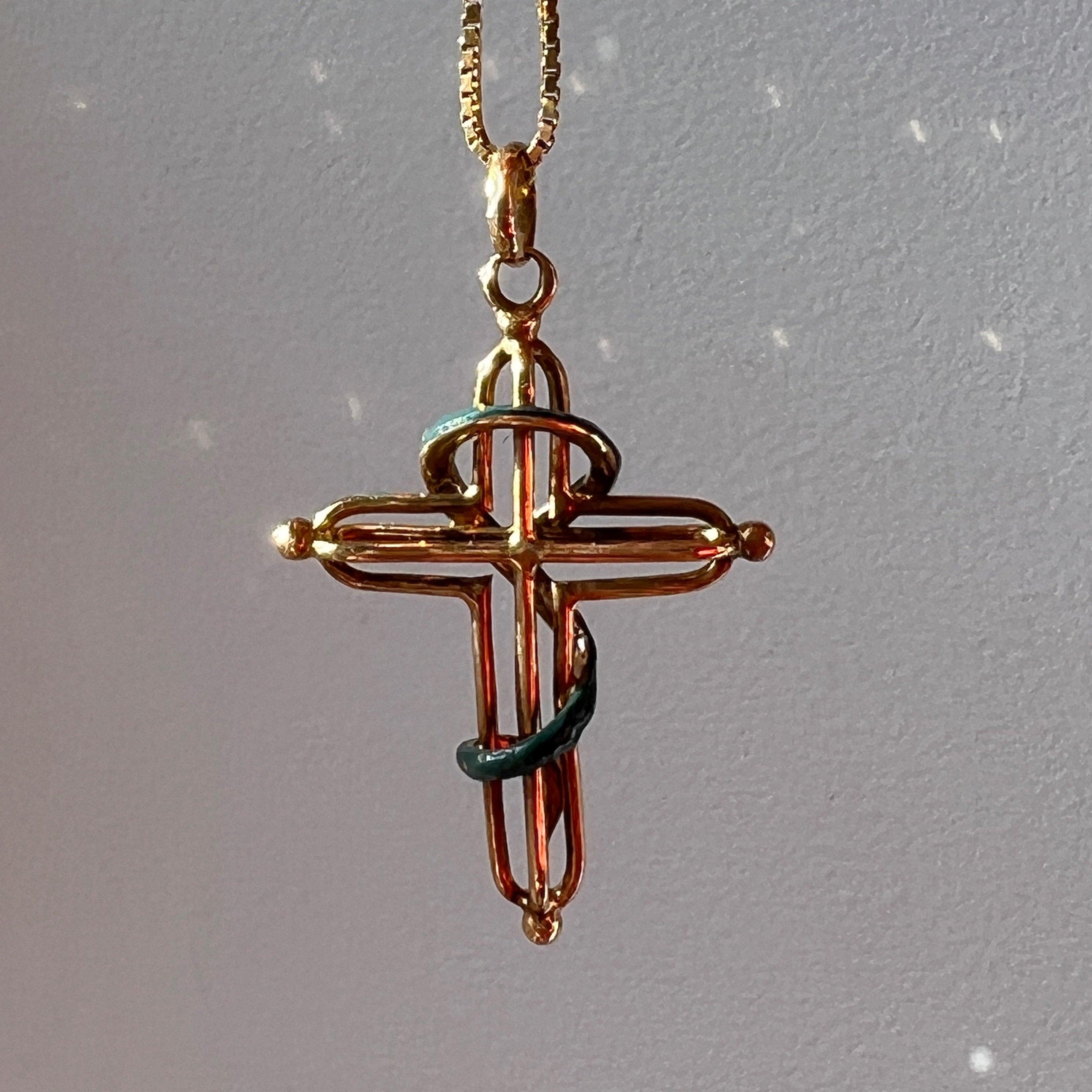 Victorian era 18K gold snake over a cross pendant - Curiously timeless