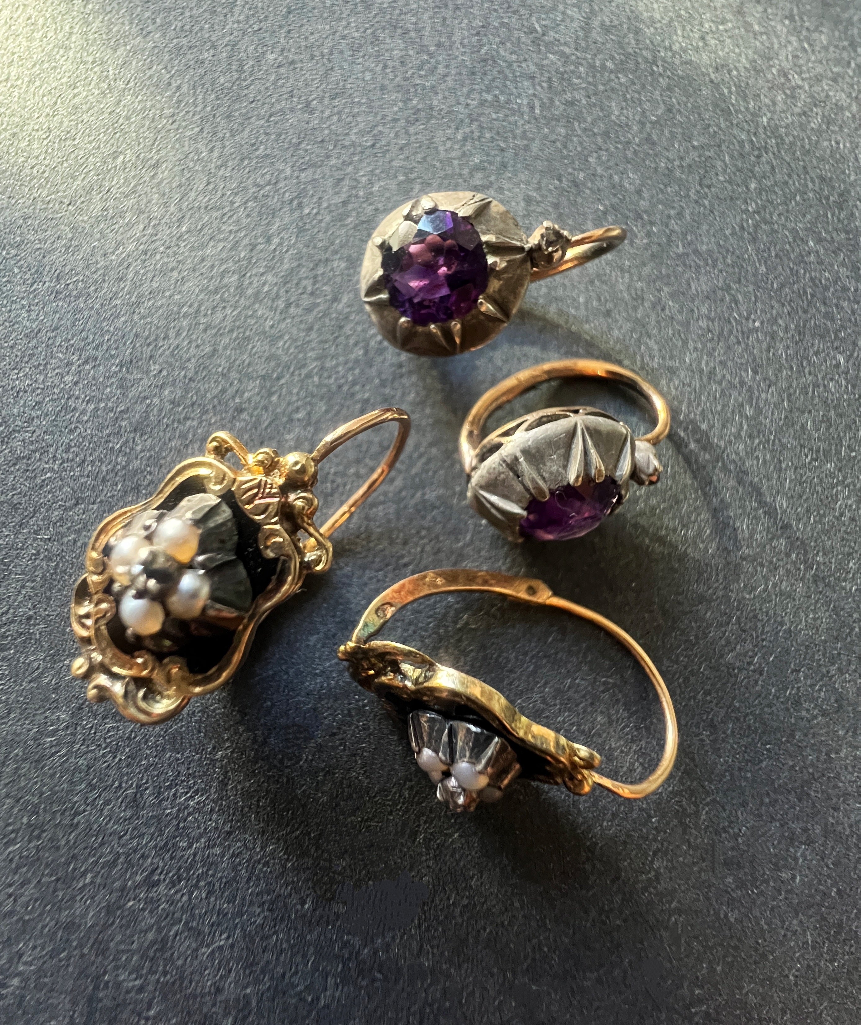 19th-century French Victorian 18K gold earrings with black enamel, seed pearls, and a rose-cut diamond — elegant, romantic, and timeless.