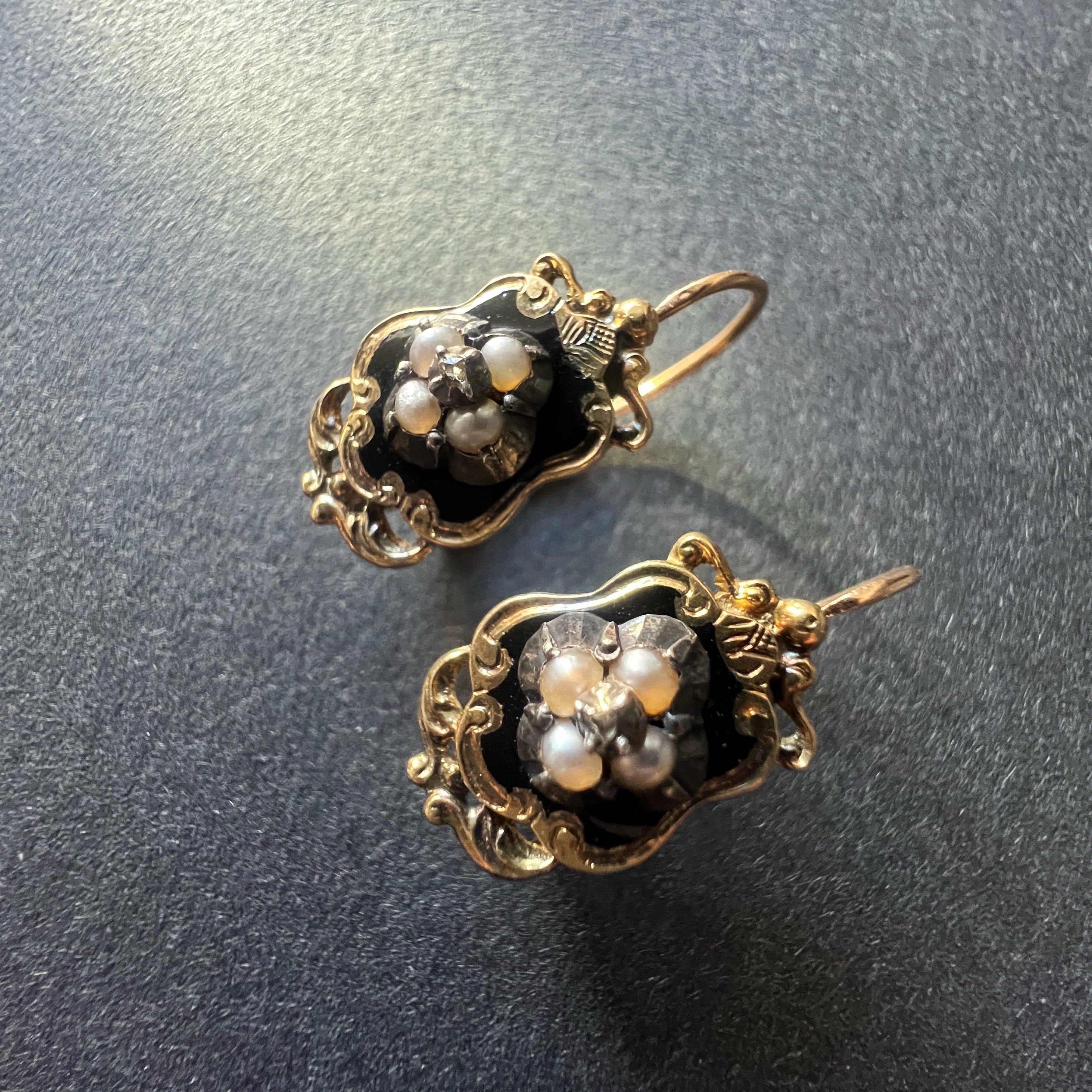 Victorian era 18K Gold Black Enamel Pearl Diamond Earrings