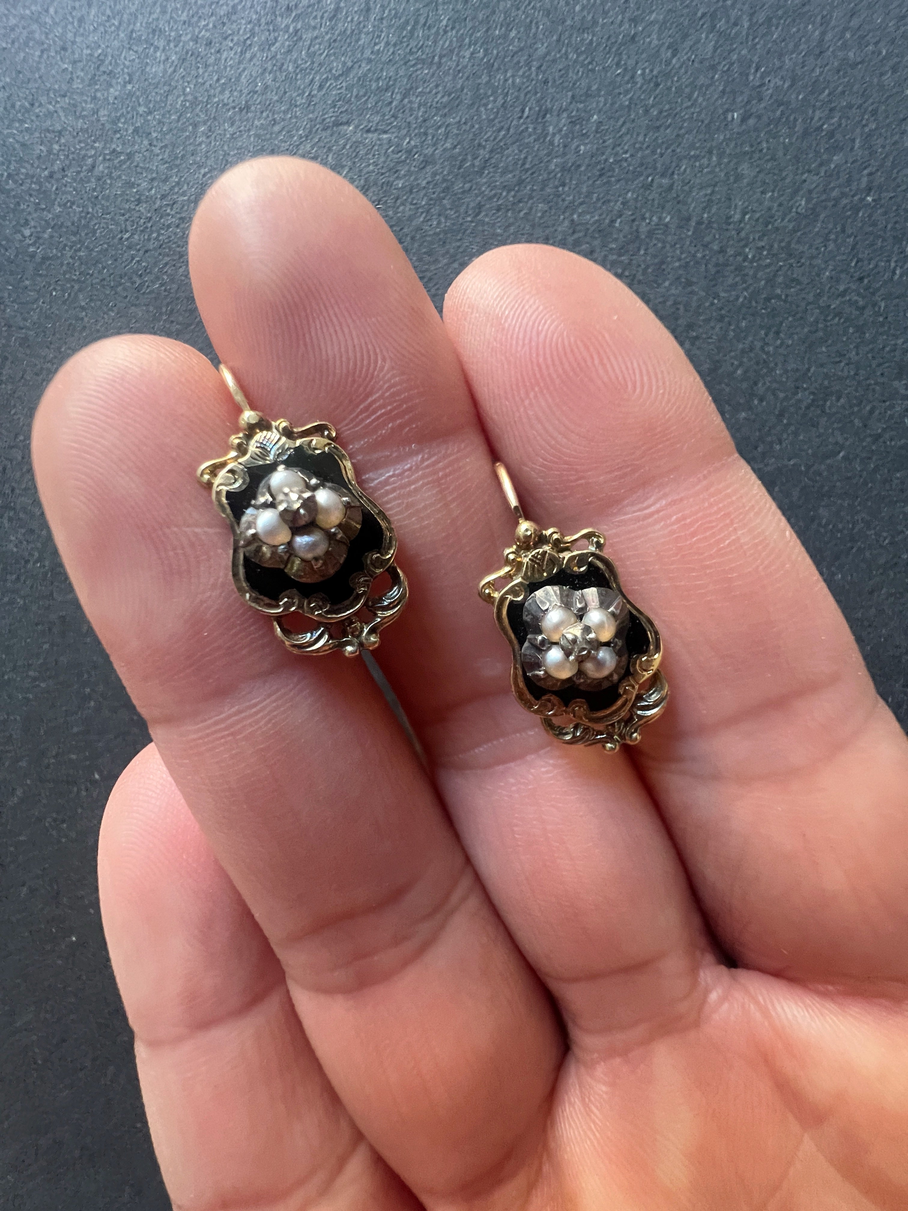 Victorian era 18K Gold Black Enamel Pearl Diamond Earrings