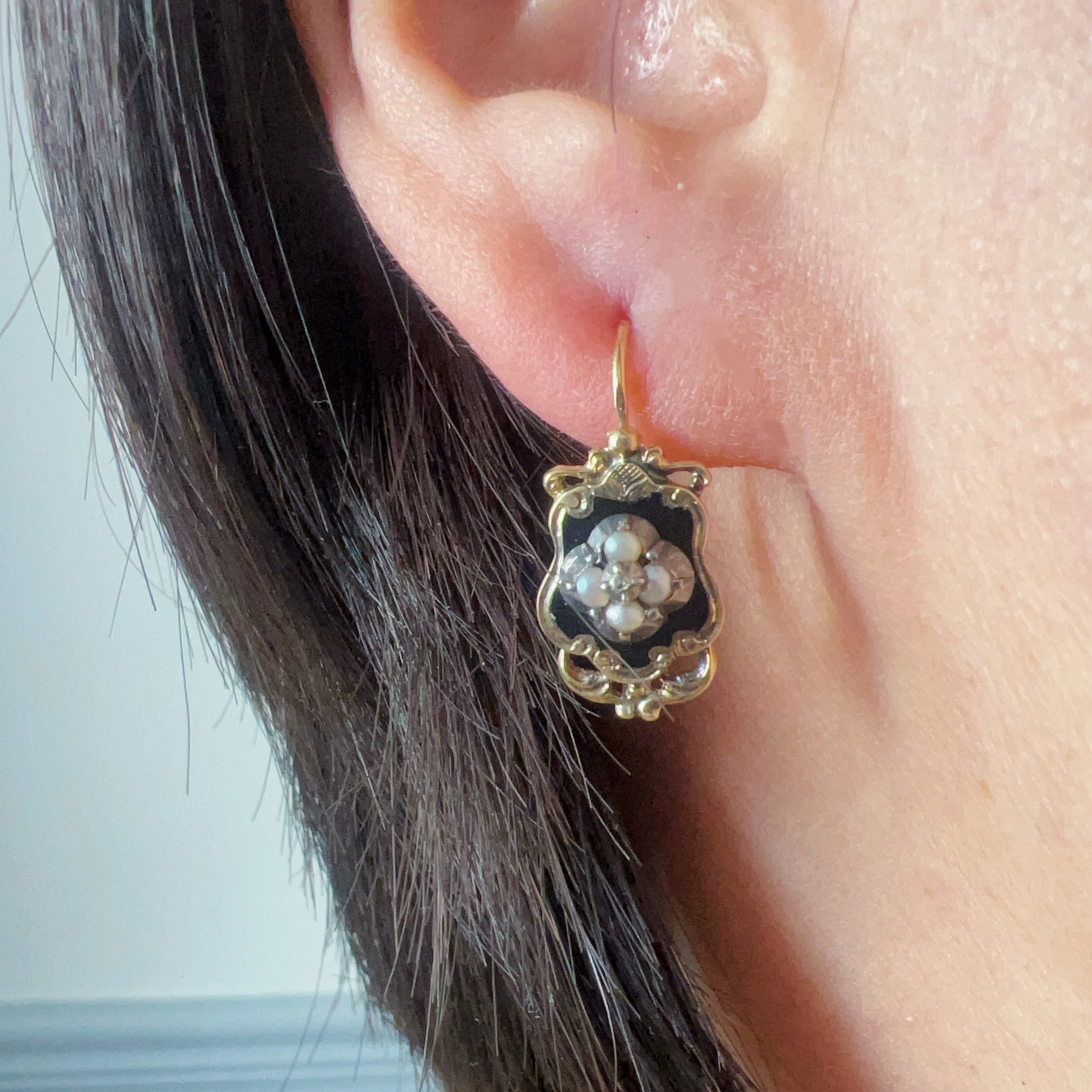 Victorian era 18K Gold Black Enamel Pearl Diamond Earrings