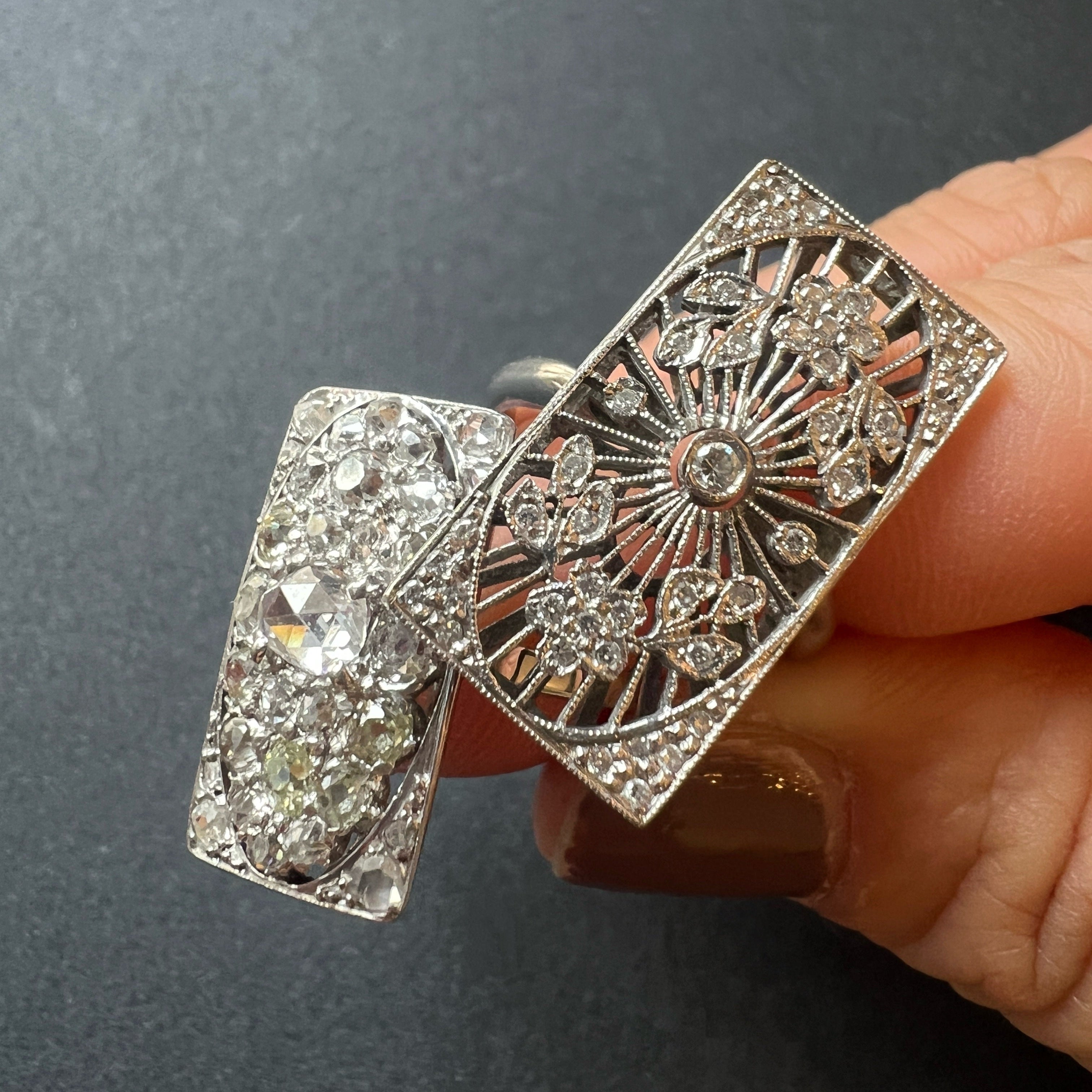 Art Deco 18K Gold diamond flower Filigree Ring
