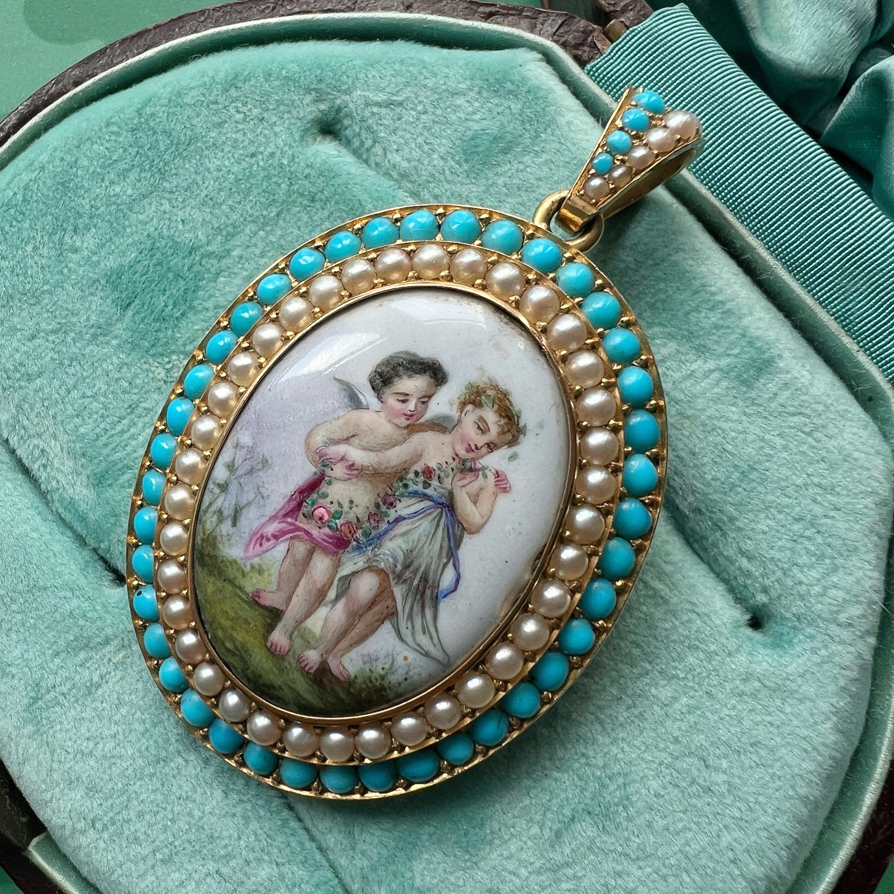 Victorian 18K Gold Enamel Cherubs Pendant Brooch