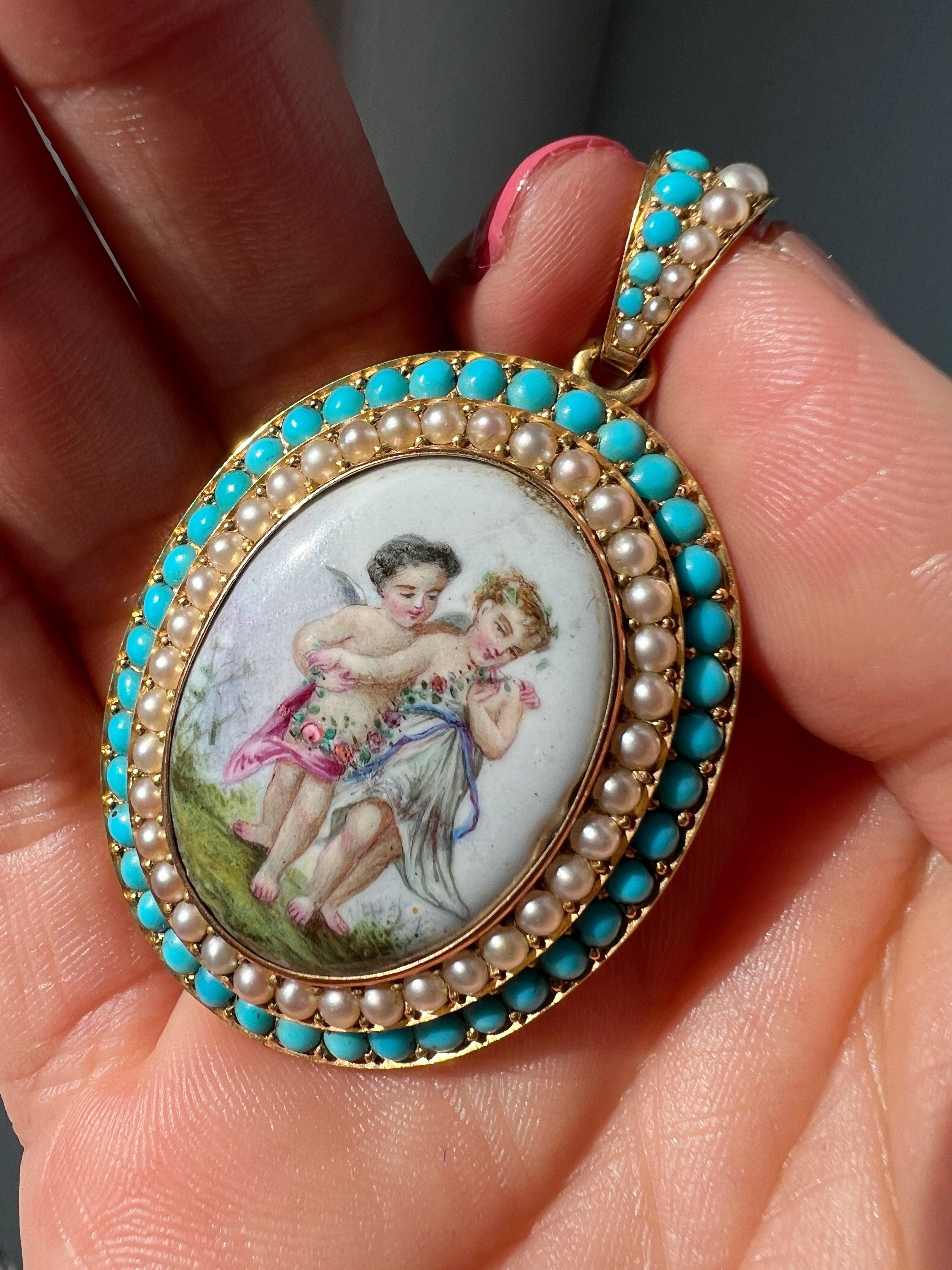 Victorian 18K Gold Enamel Cherubs Pendant Brooch