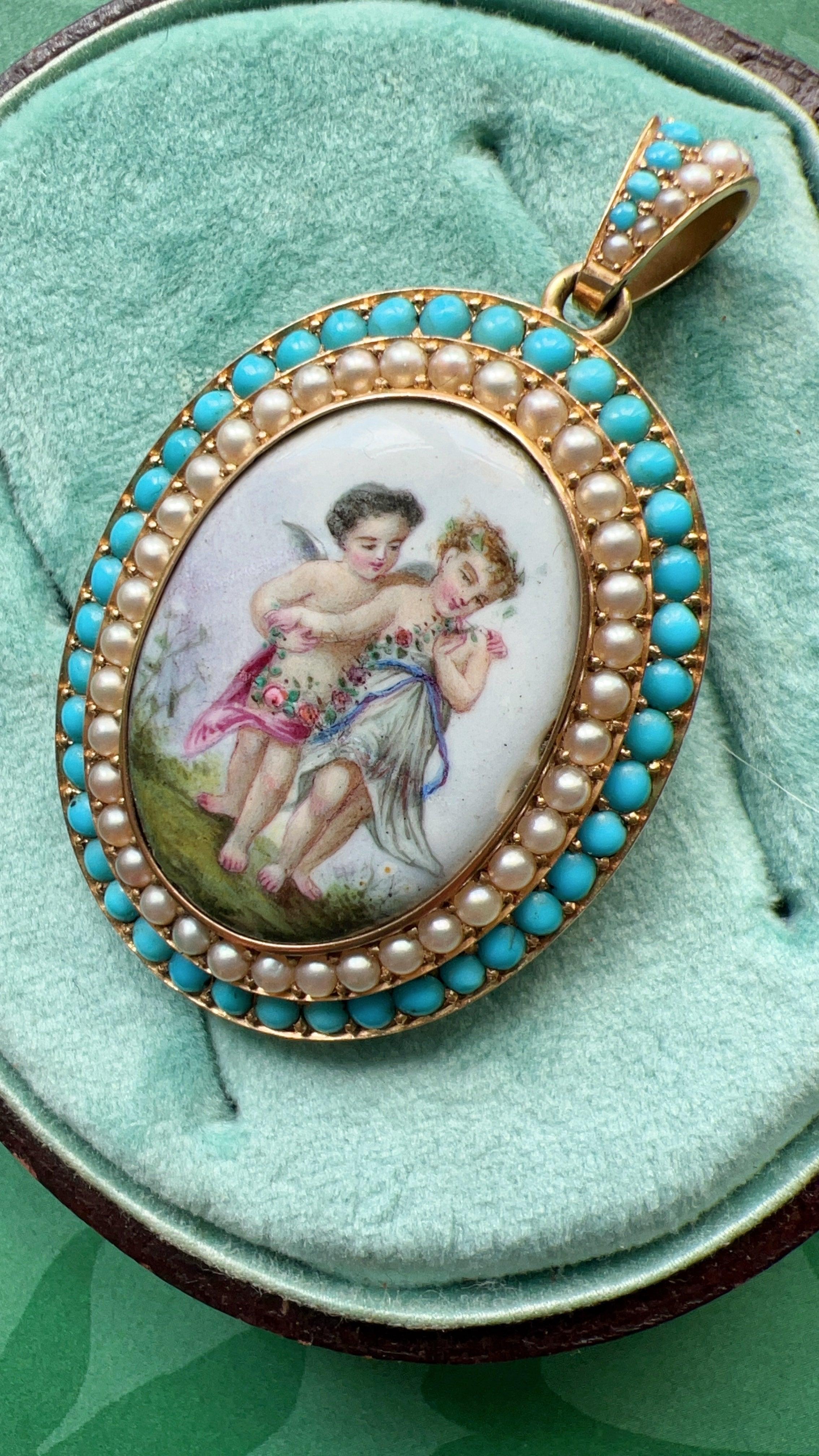 Victorian 18K Gold Enamel Cherubs Pendant Brooch