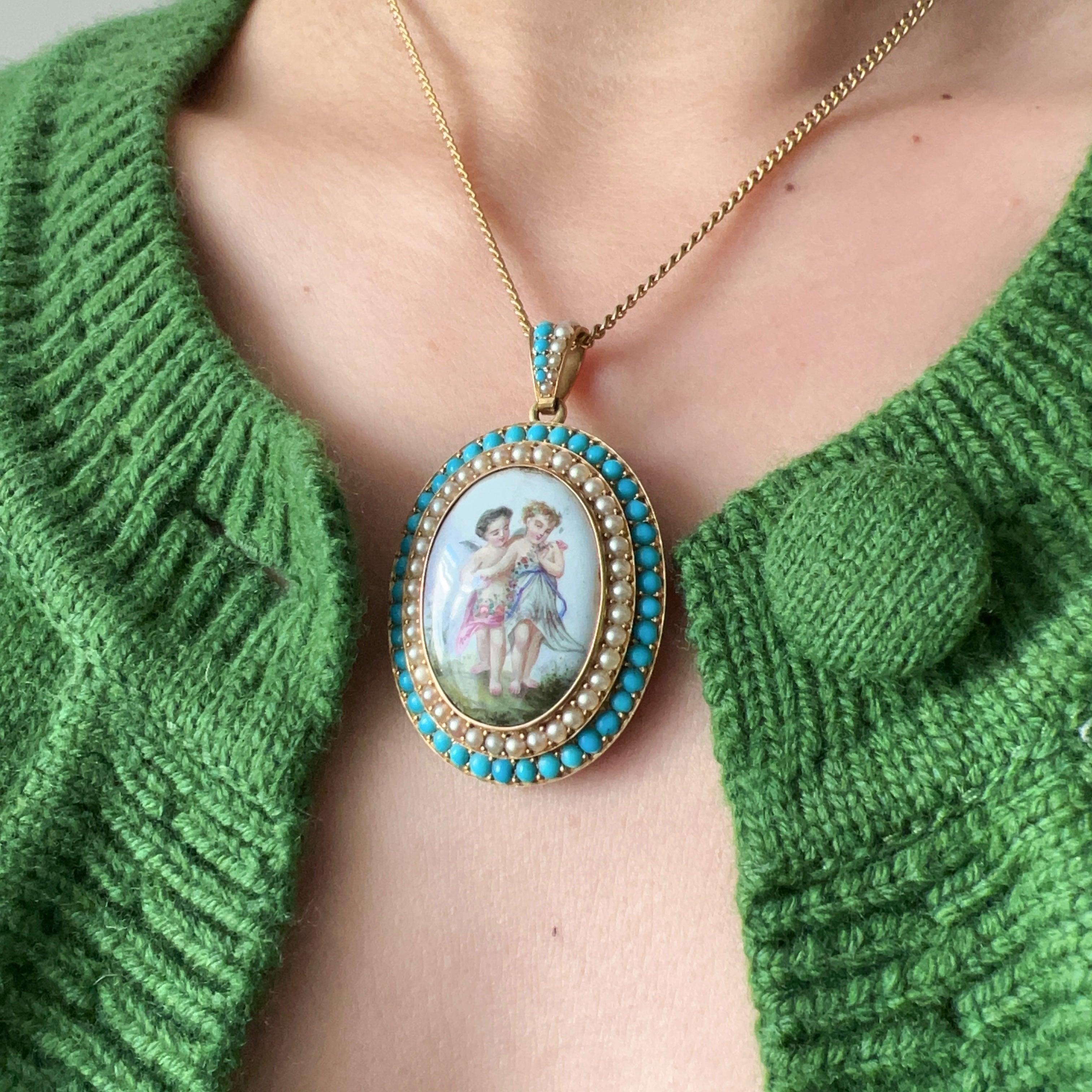 Victorian 18K Gold Enamel Cherubs Pendant Brooch