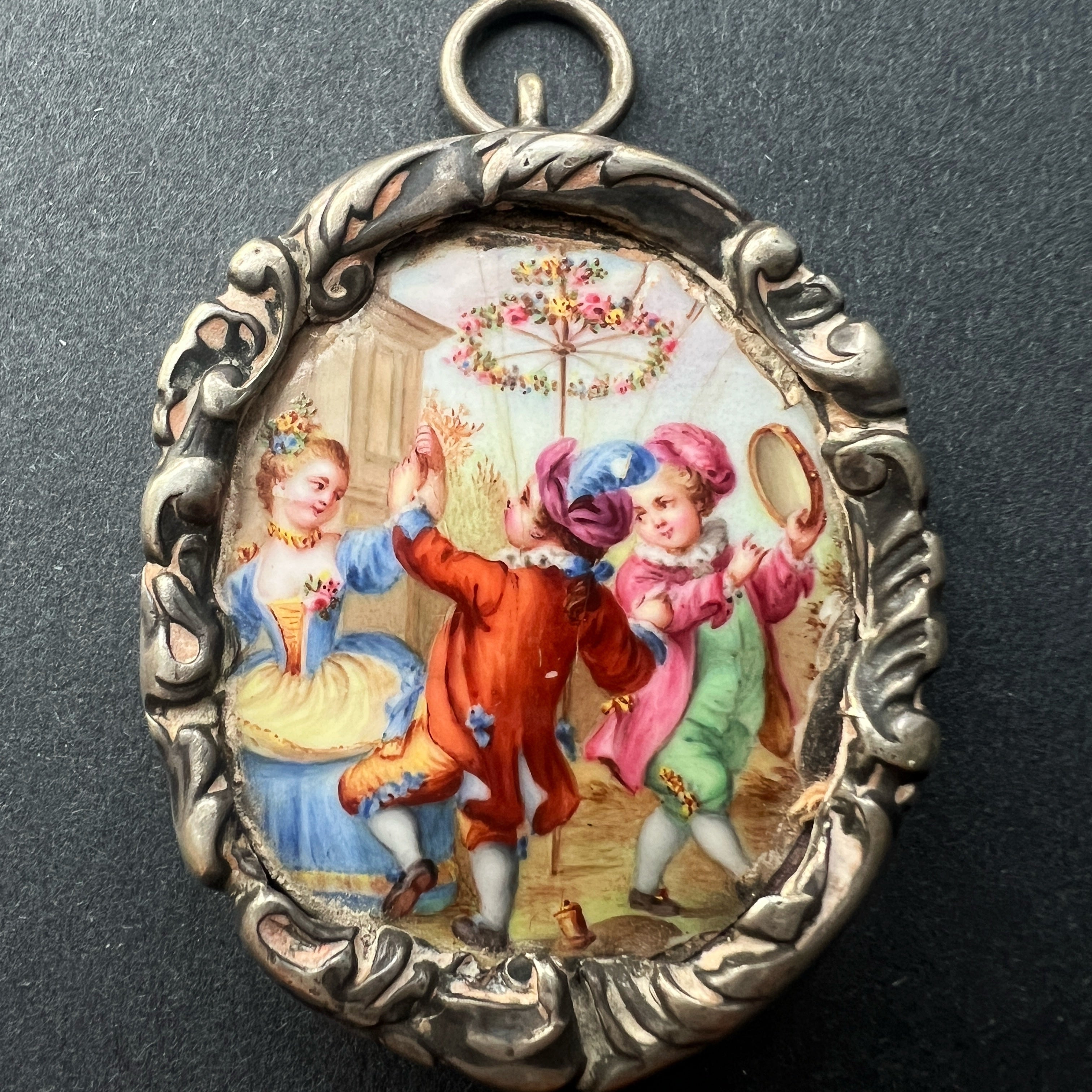 Georgian era French Silver Pendant with Enamel Dancing Scene
