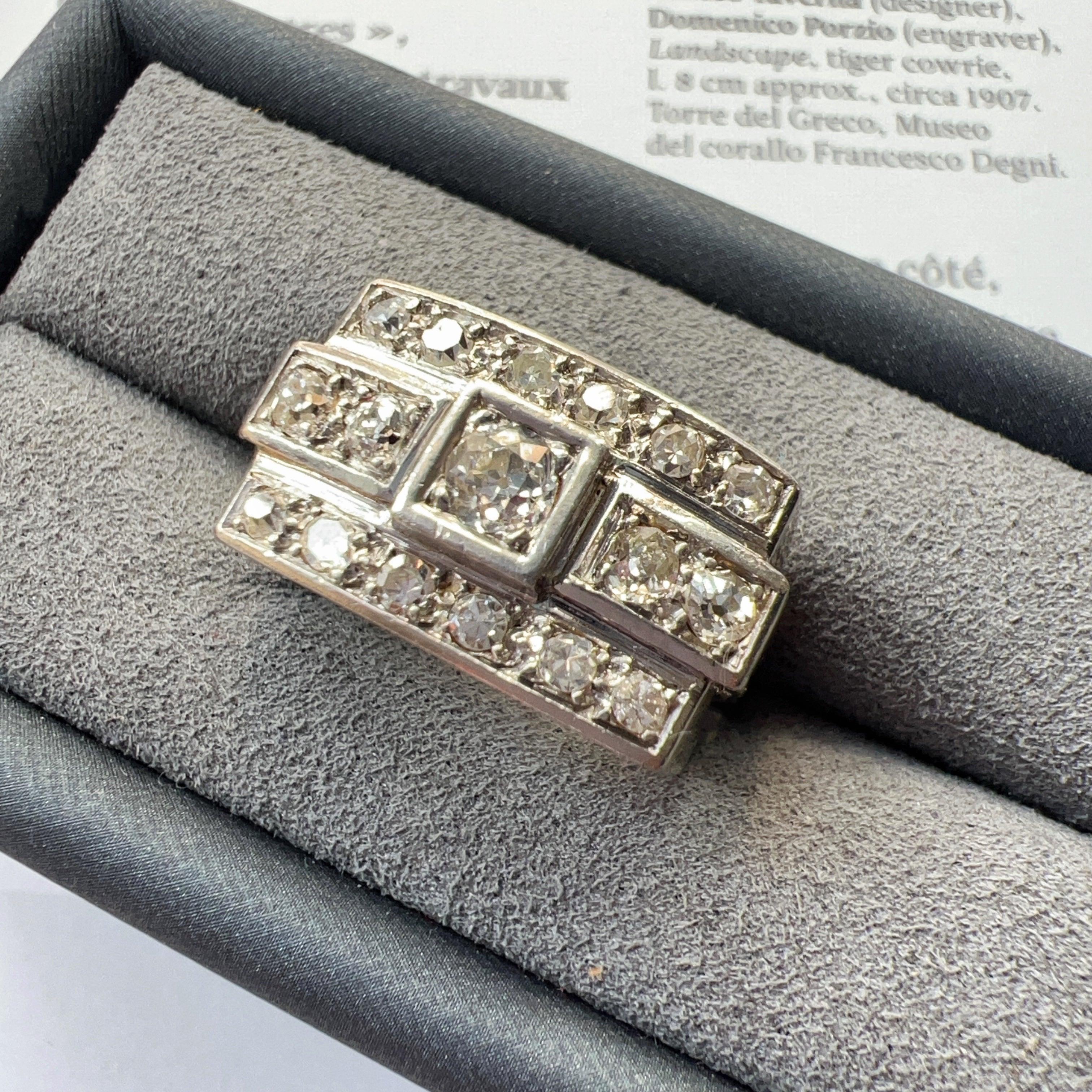 1940s French 18K white gold diamond tank ring