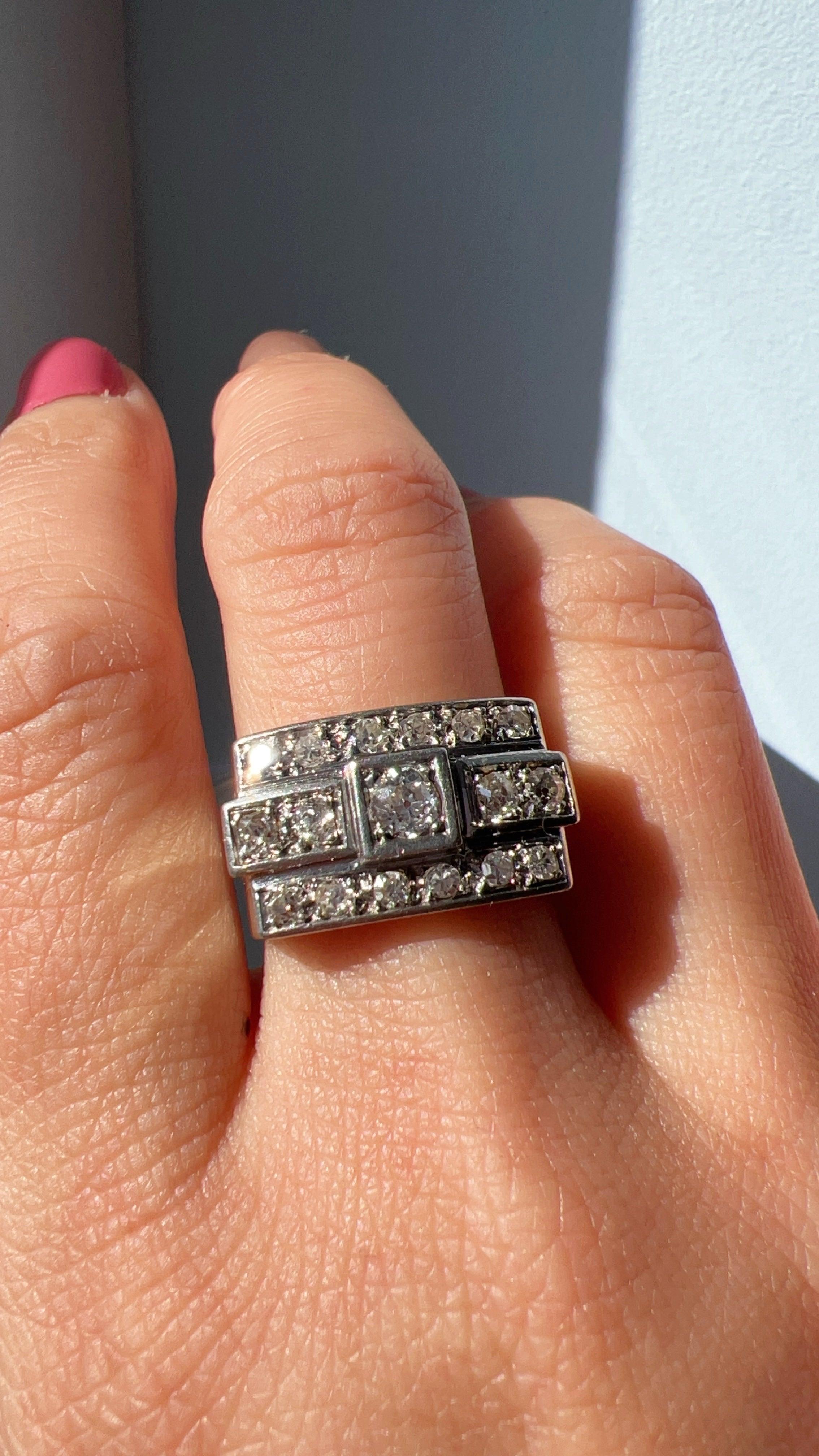 1940s French 18K white gold diamond tank ring