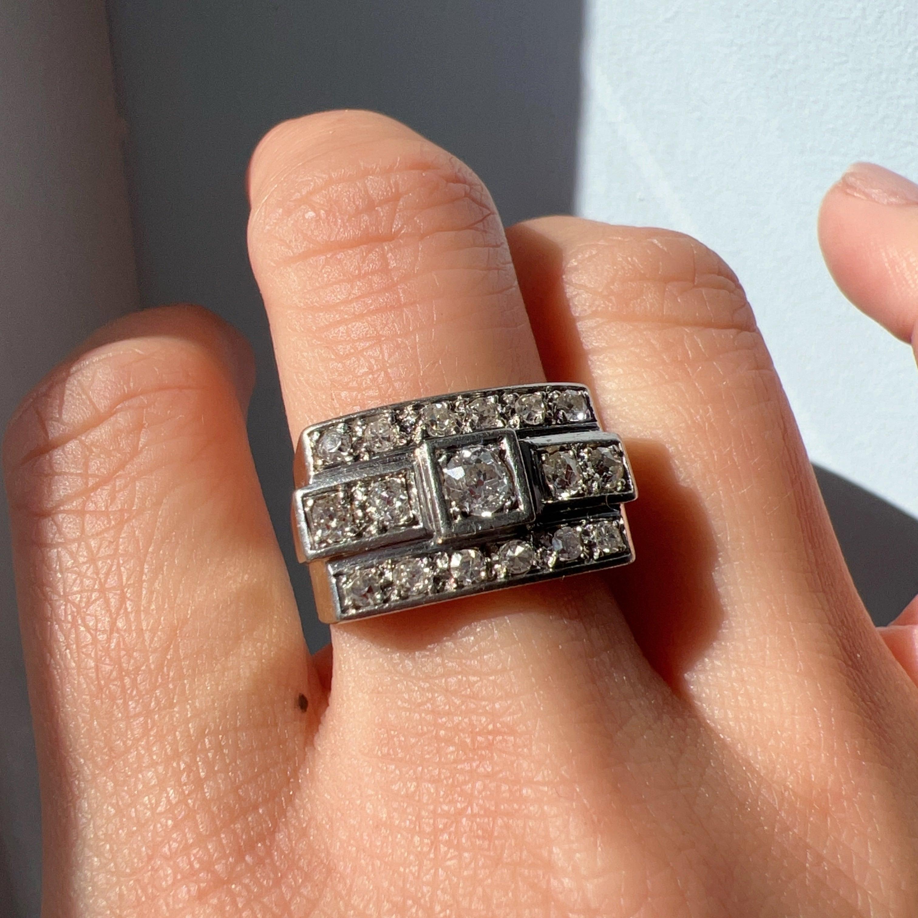 1940s French 18K white gold diamond tank ring