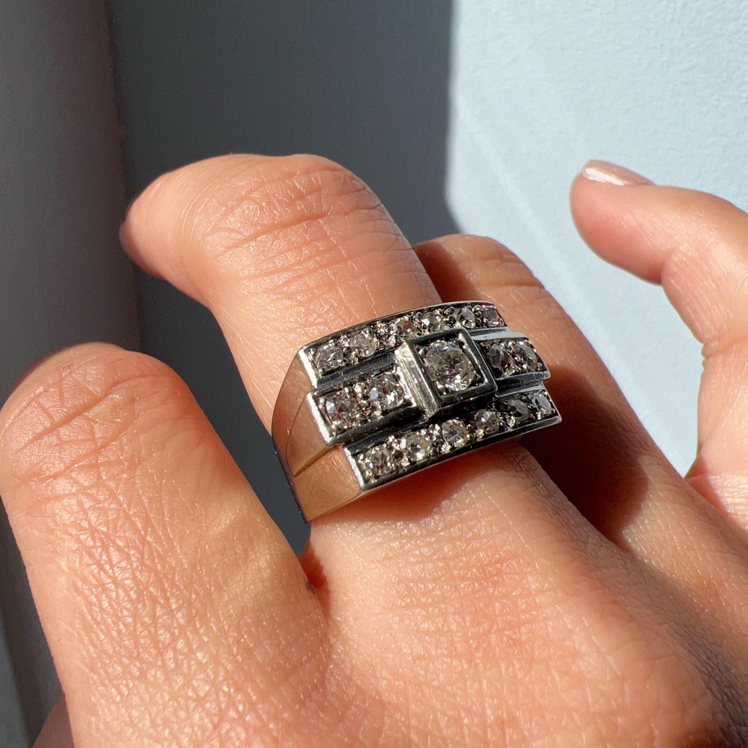 1940s French 18K white gold diamond tank ring
