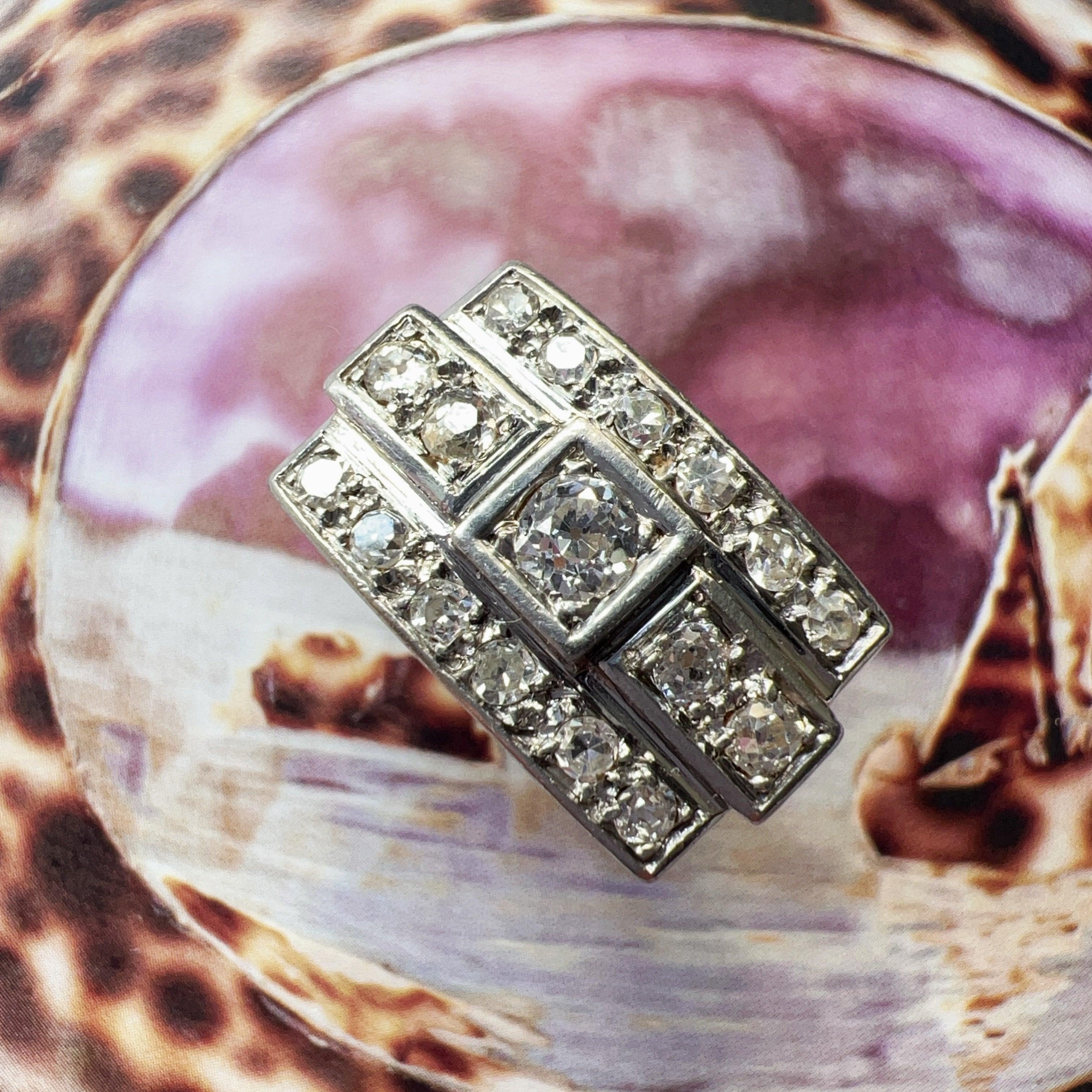 1940s French 18K white gold diamond tank ring