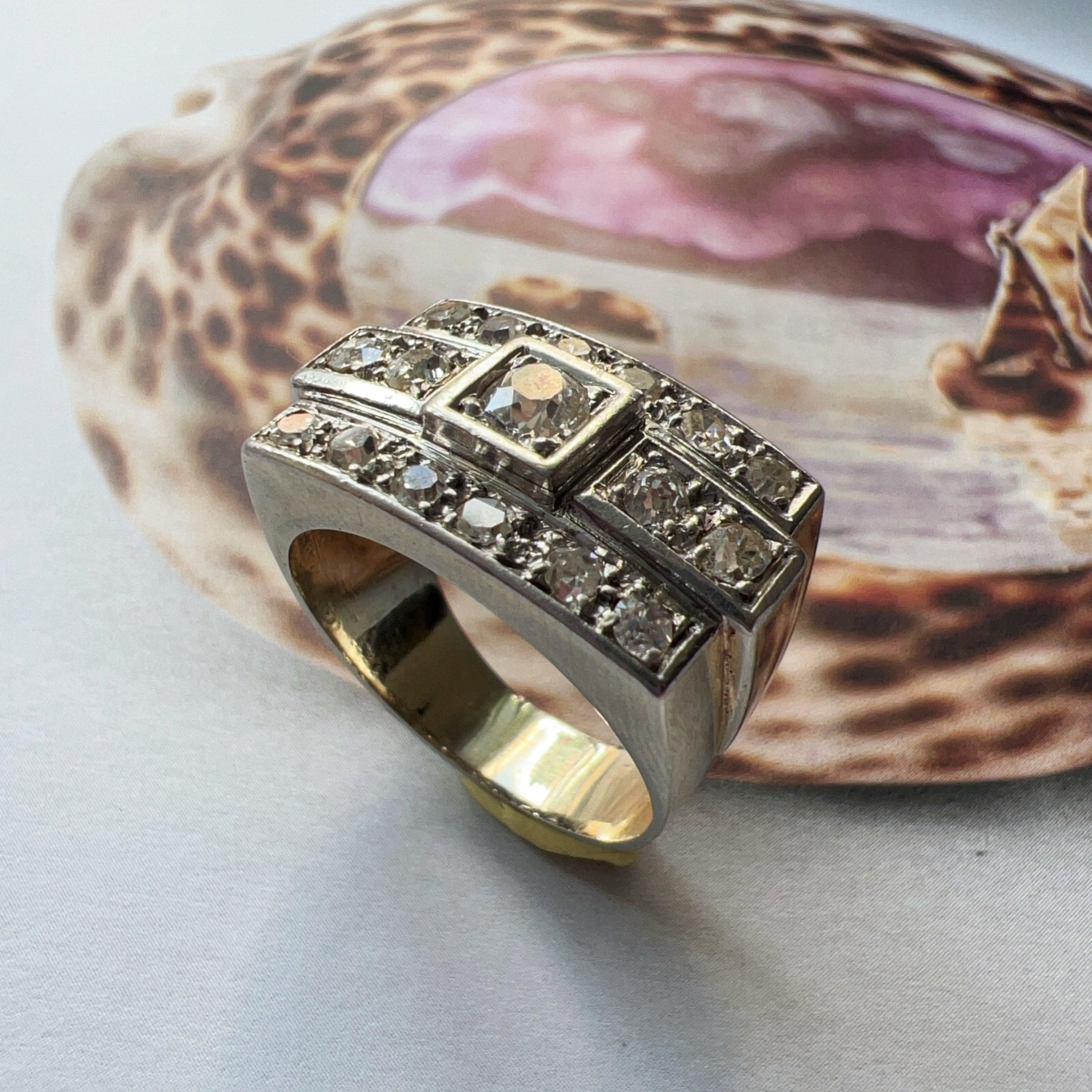 1940s French 18K white gold diamond tank ring