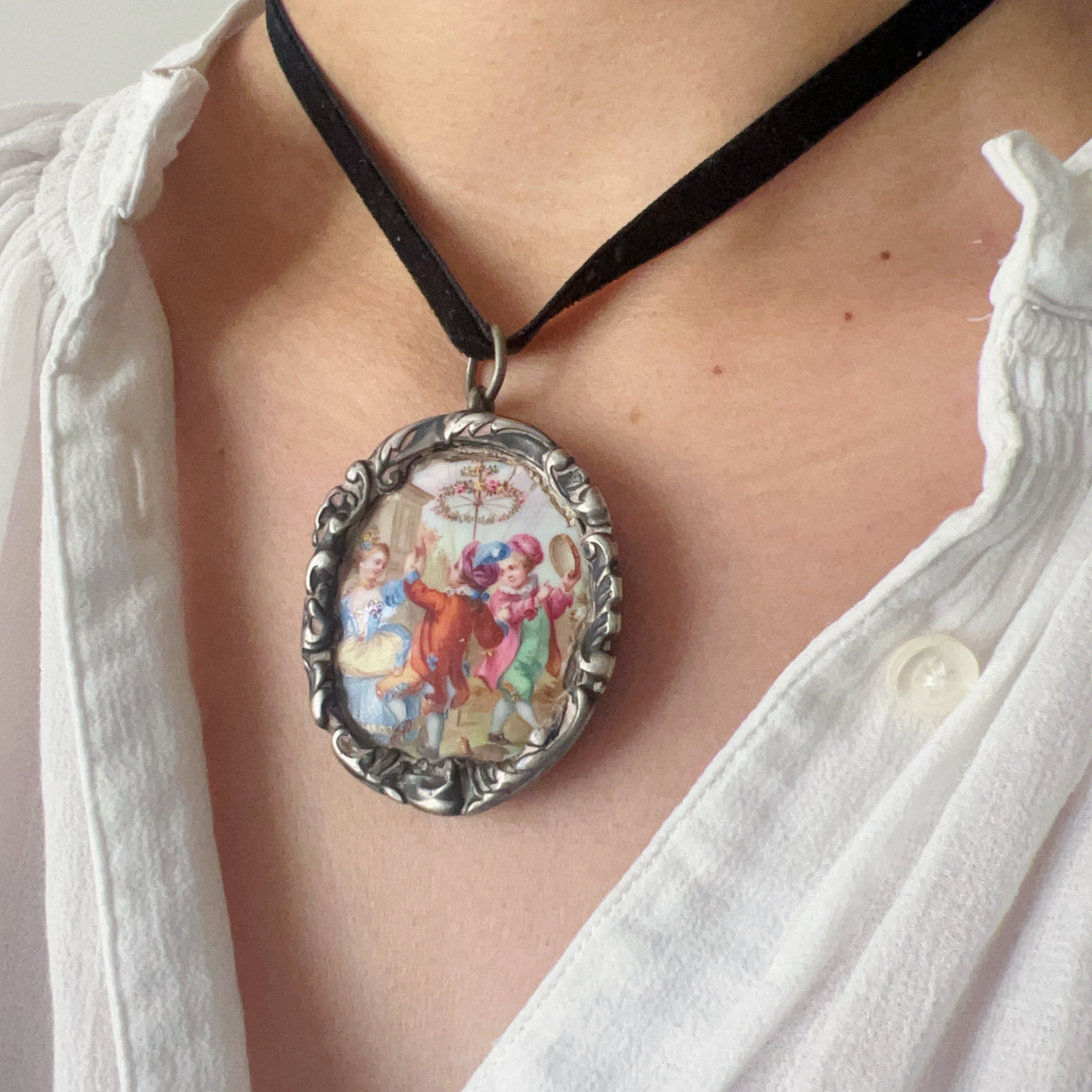 Georgian era French Silver Pendant with Enamel Dancing Scene