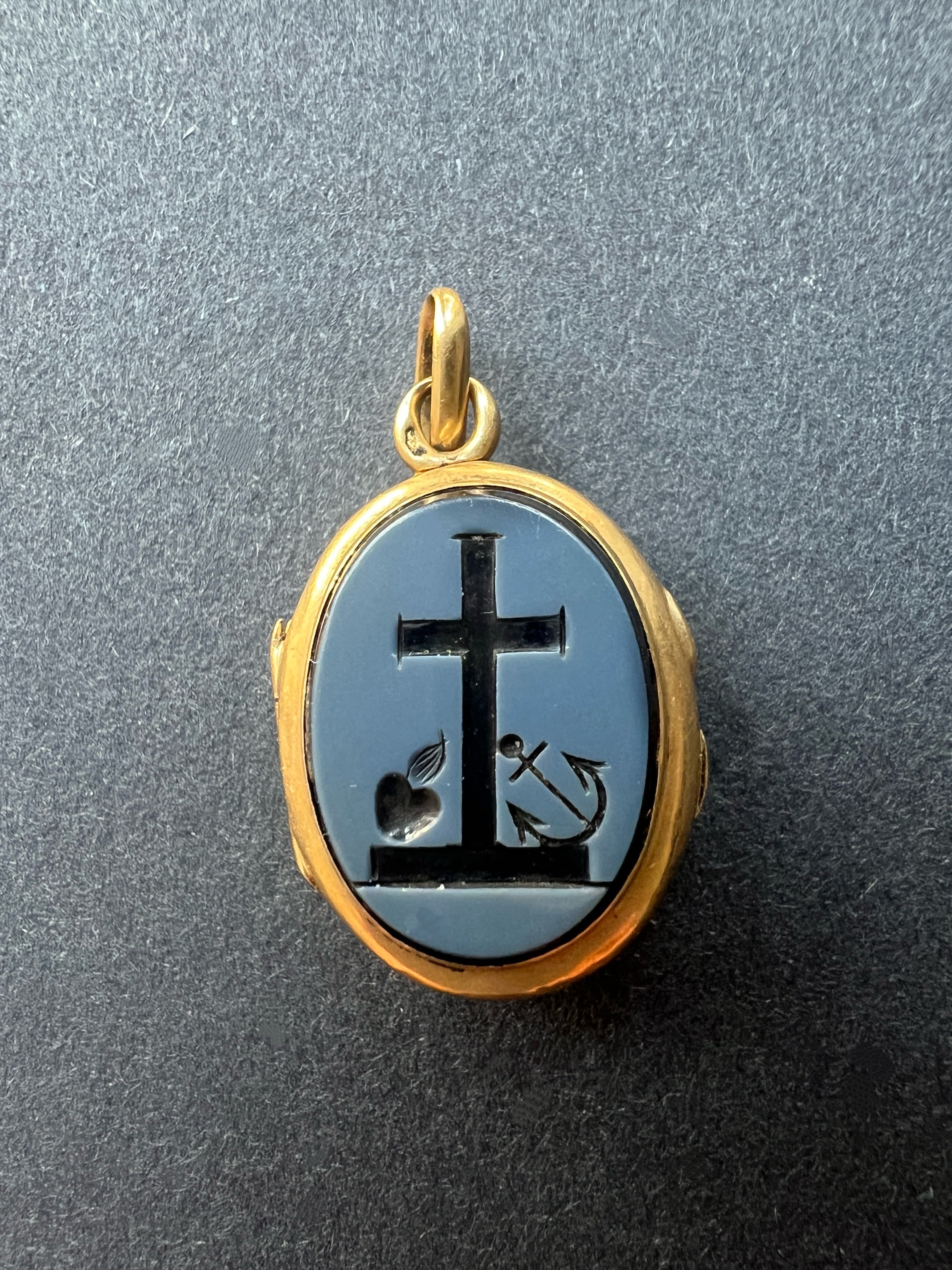 Victorian 18K Gold Faith, Hope & Charity agate intaglio Locket Pendant