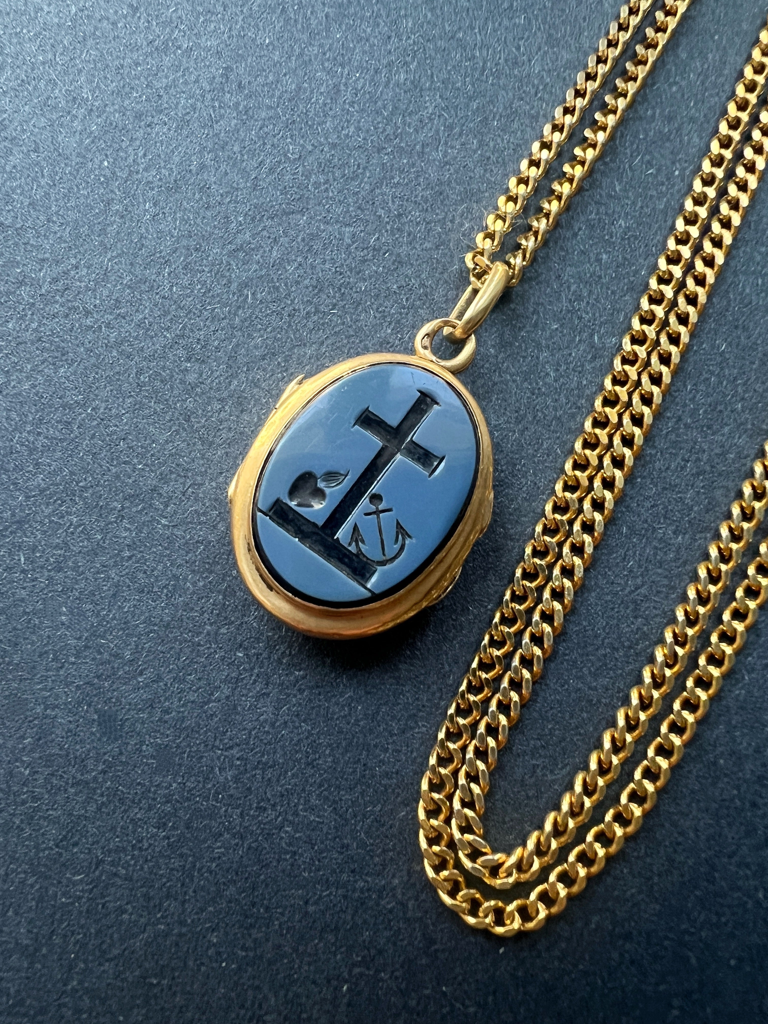 Victorian 18K Gold Faith, Hope & Charity agate intaglio Locket Pendant