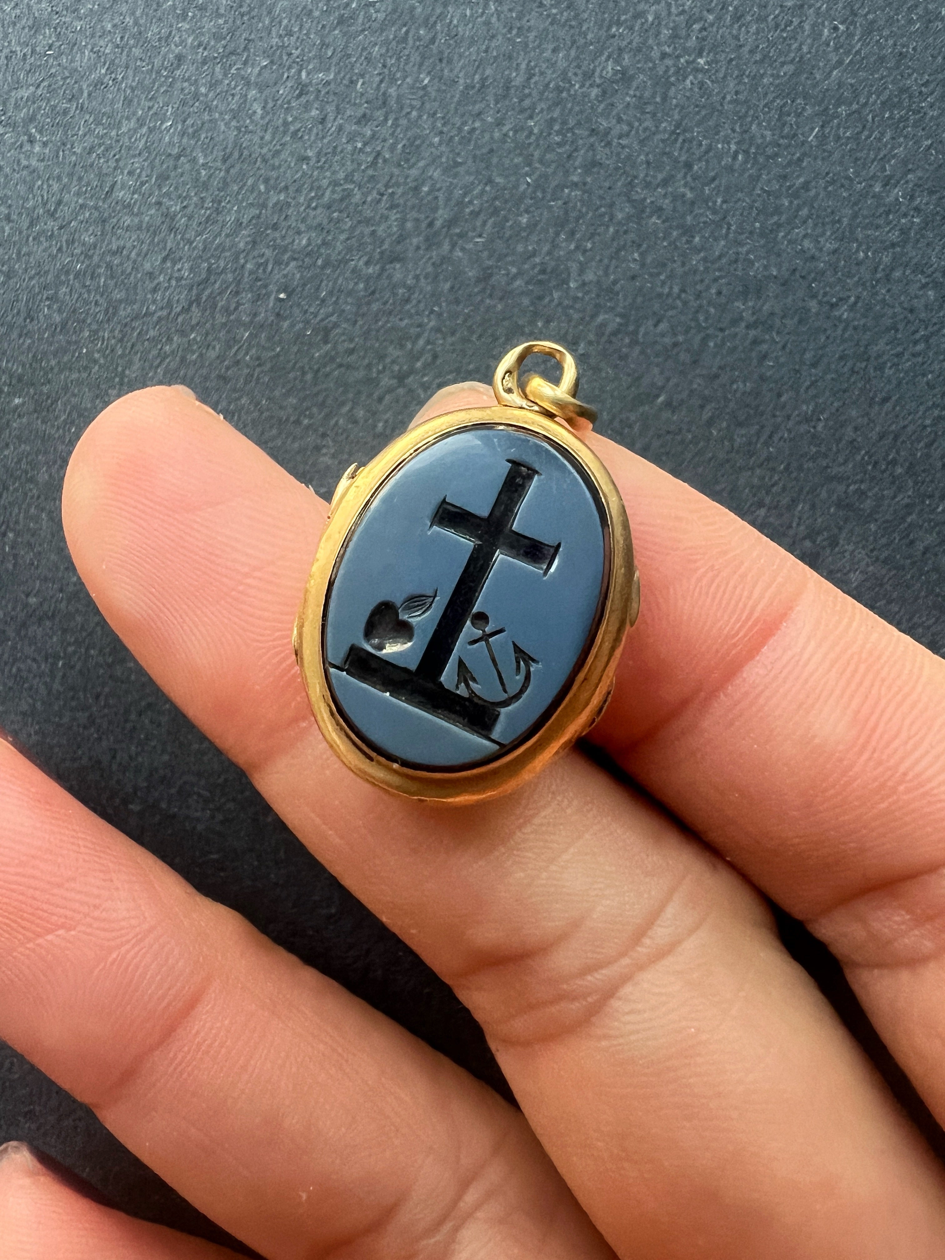Victorian 18K Gold Faith, Hope & Charity agate intaglio Locket Pendant