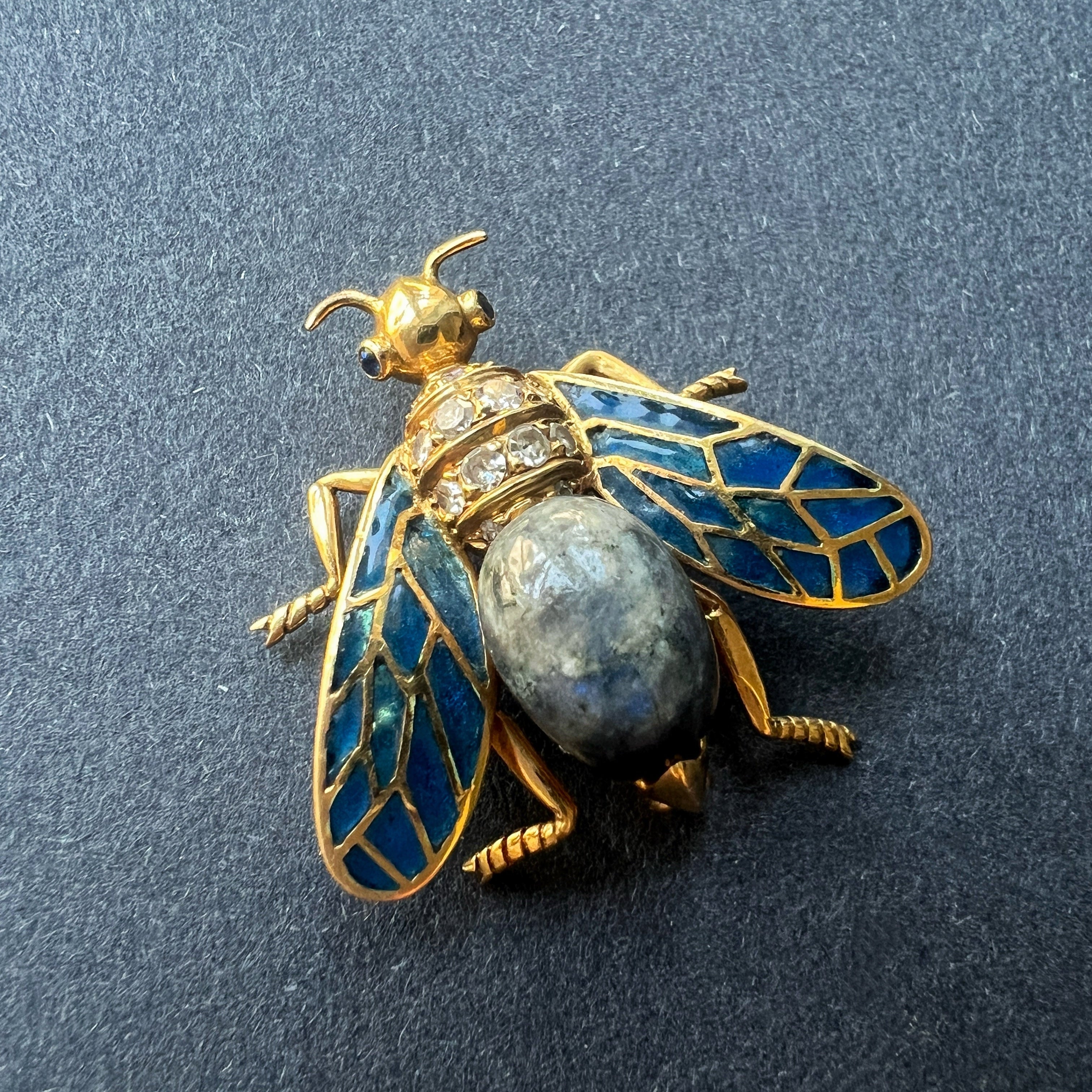 Art Nouveau 18K Gold Plique-à-Jour enamel fly Brooch