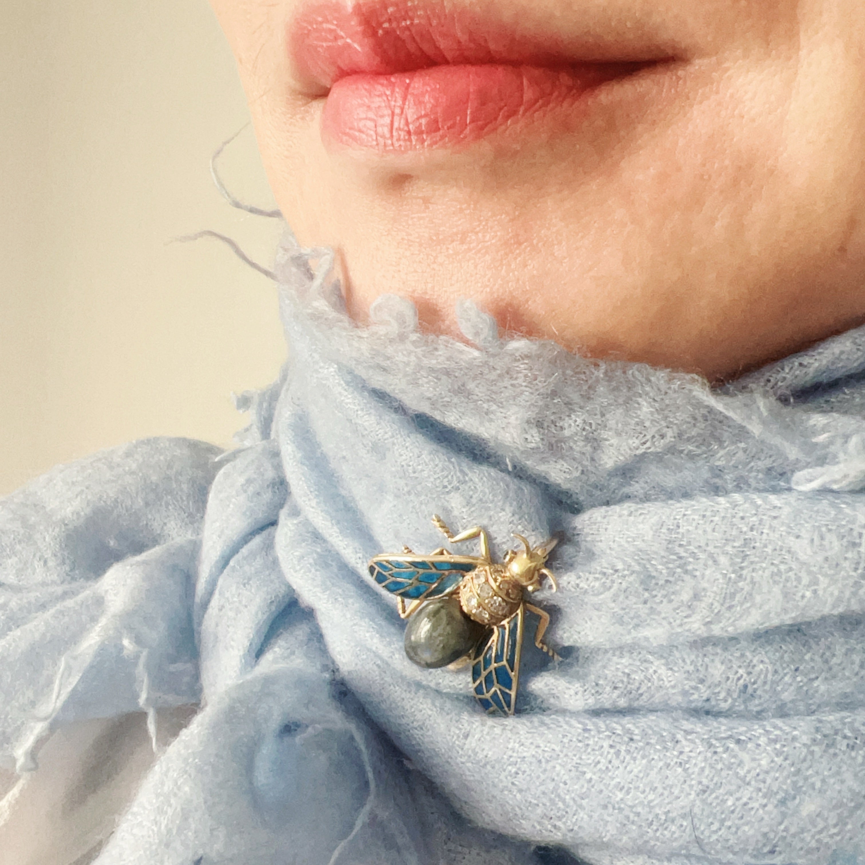 Art Nouveau 18K Gold Plique-à-Jour enamel fly Brooch