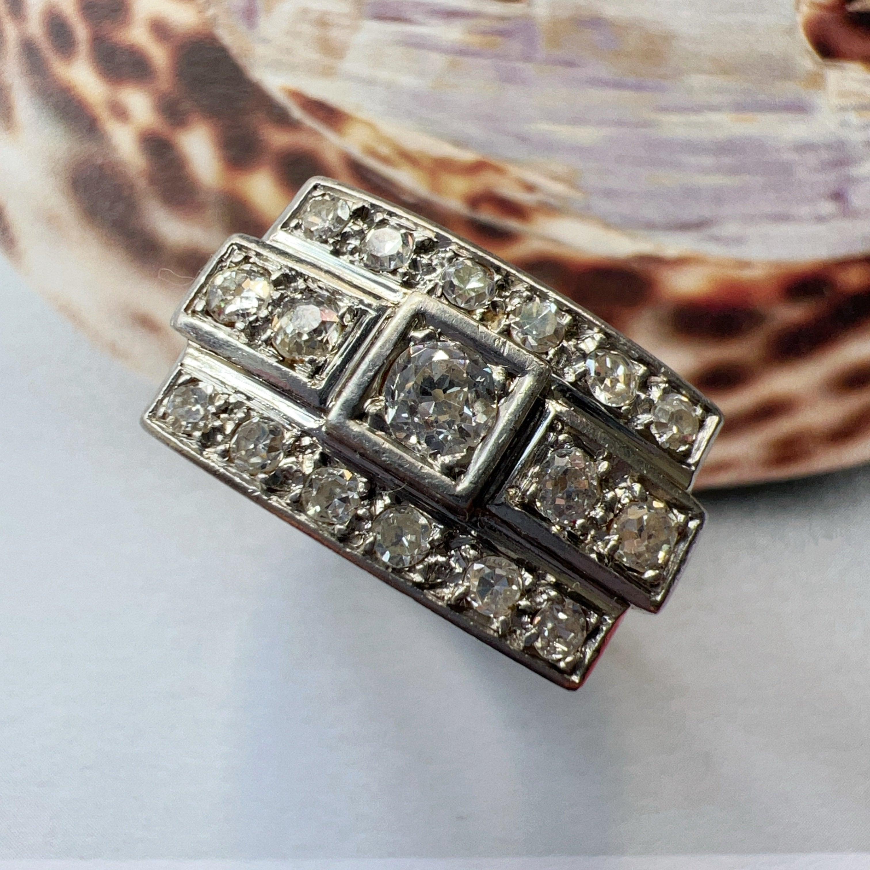 1940s French 18K white gold diamond tank ring