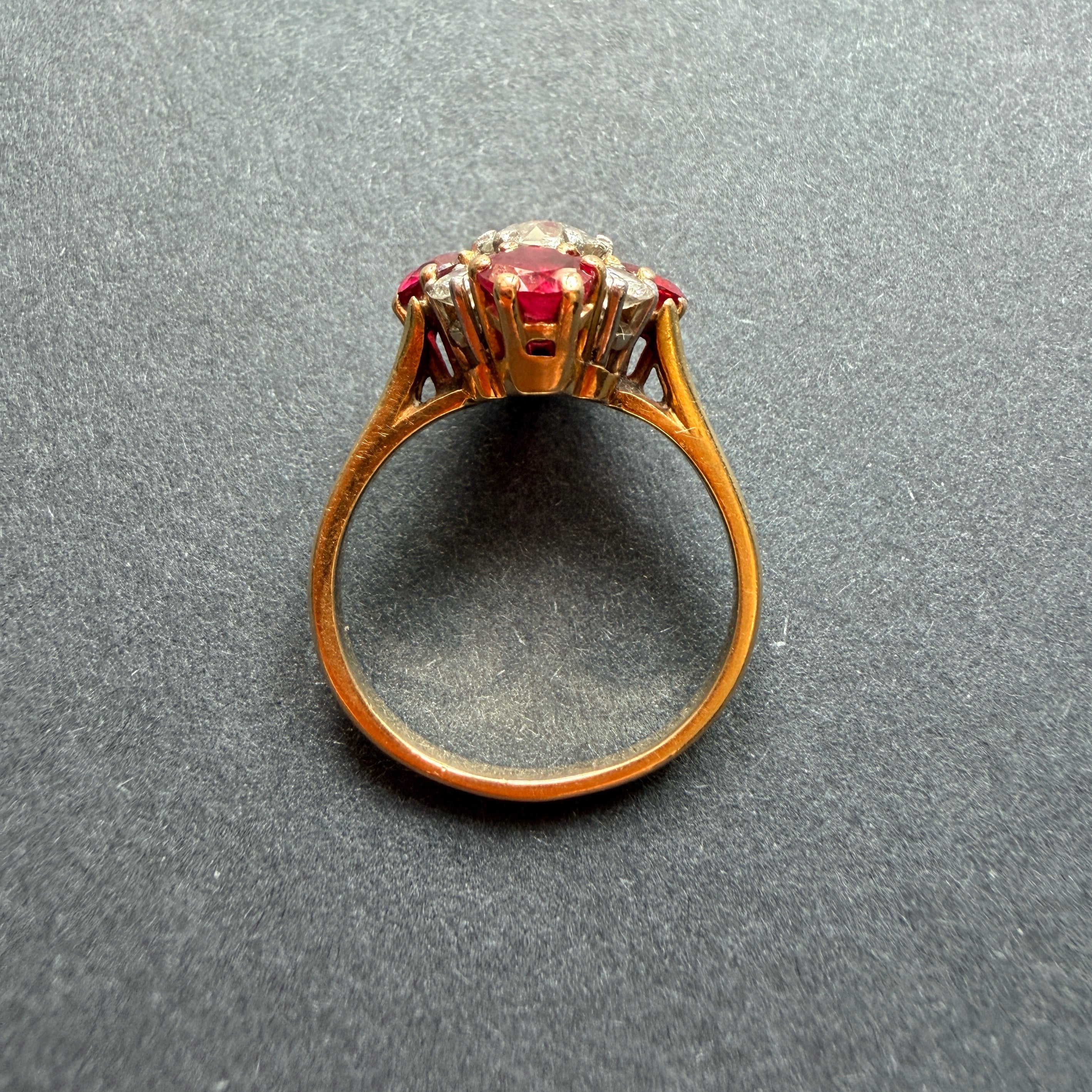 French 18K Gold Ring with Old European Cut Diamond and Rubies