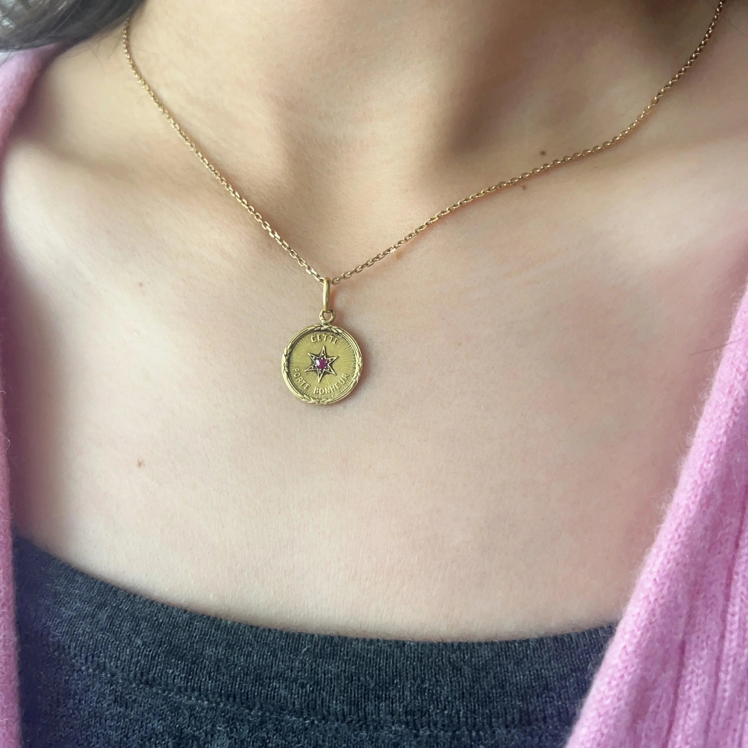 Rare French antique 18K ruby star medal pendant “this star brings happiness” - Curiously timeless