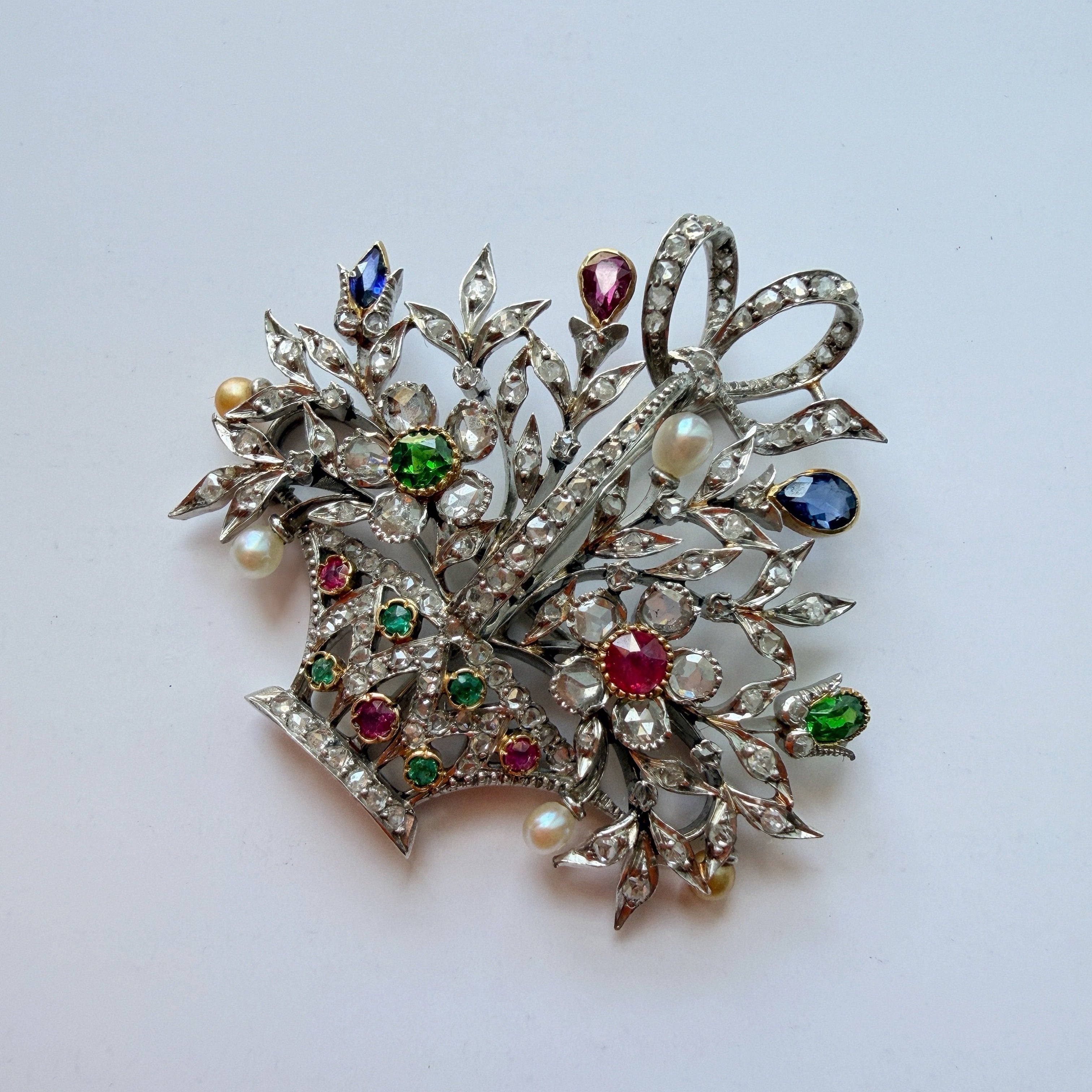 Edwardian 18K gold multi gemstones flower basket pendant