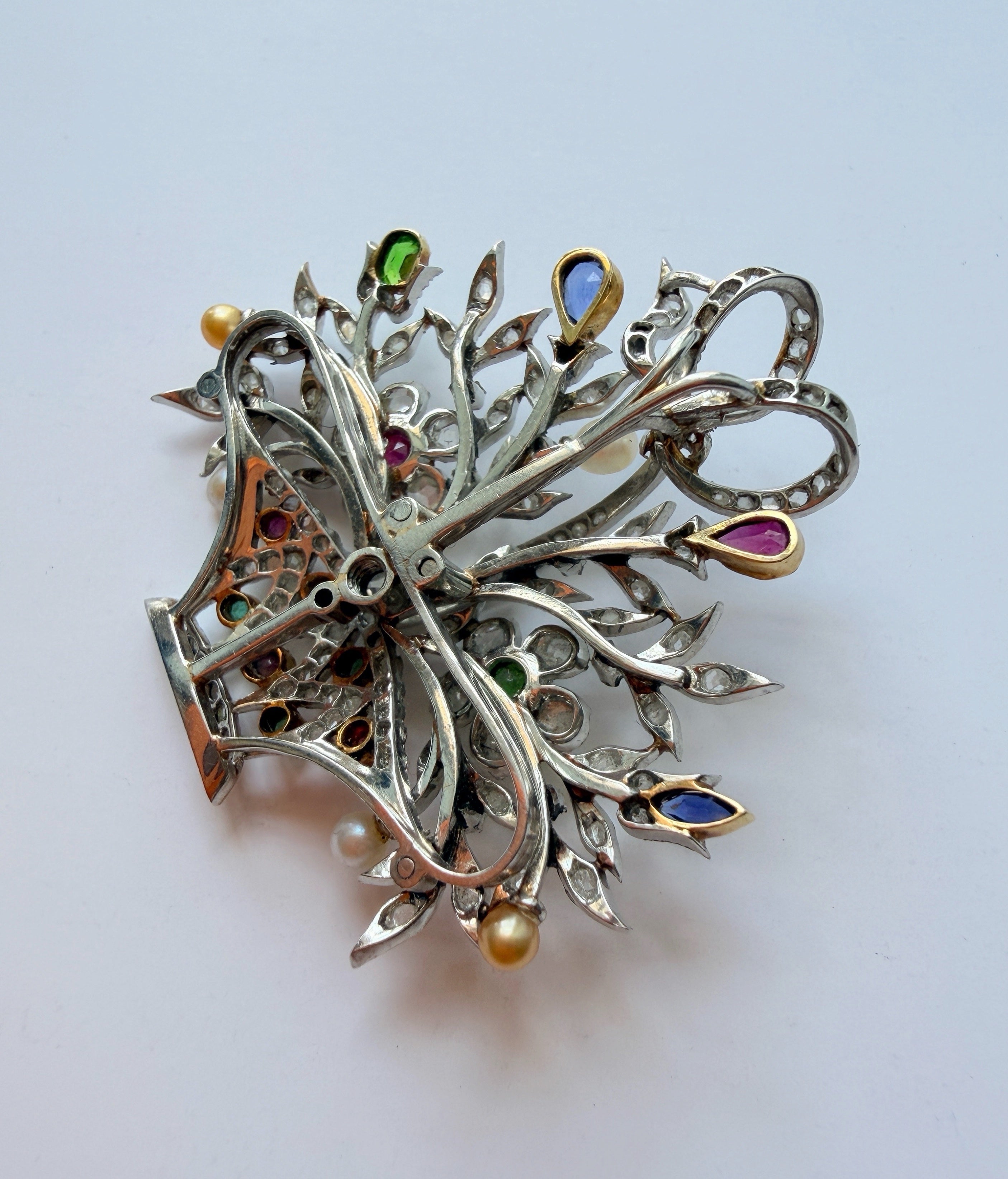 Edwardian 18K gold multi gemstones flower basket pendant