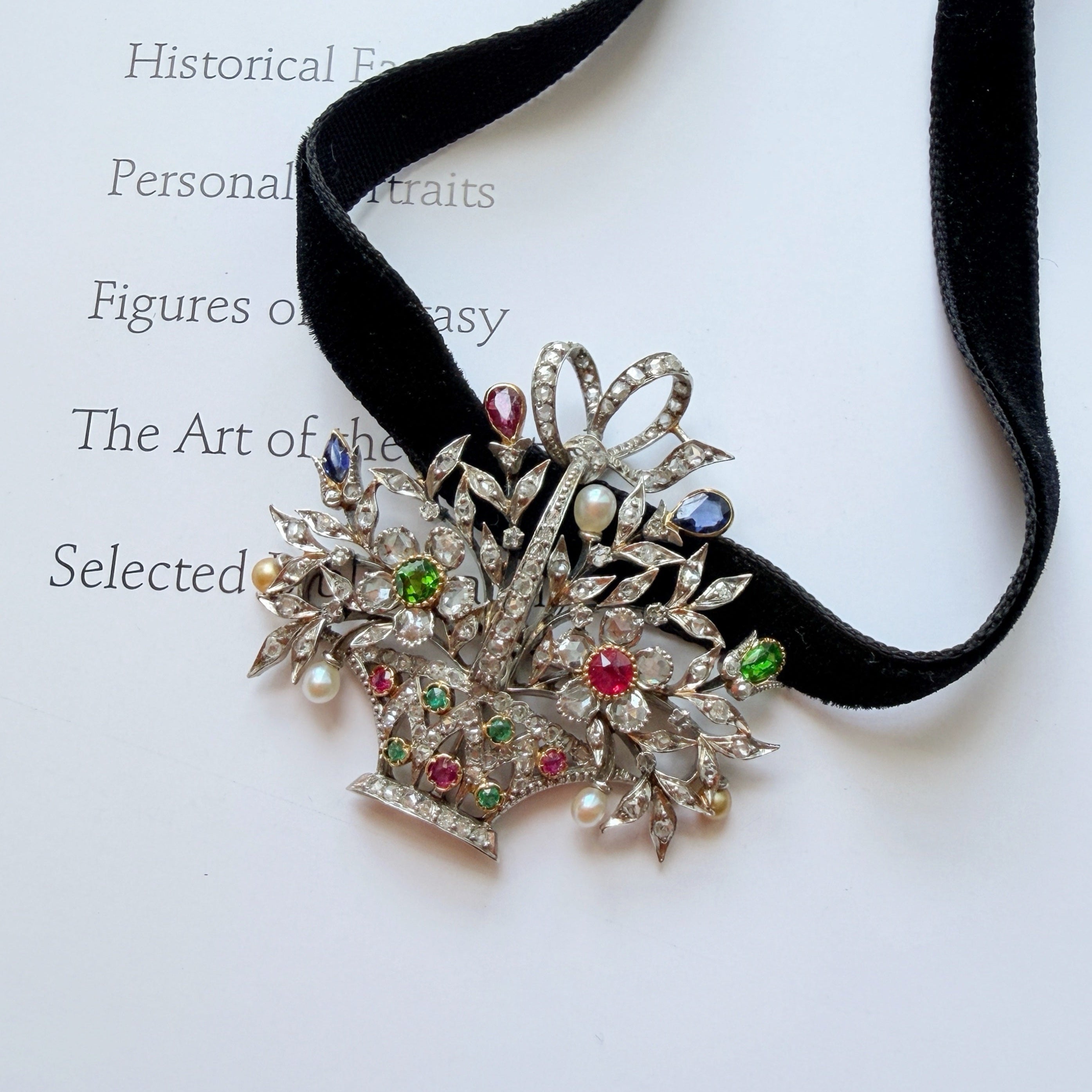 Edwardian 18K gold multi gemstones flower basket pendant