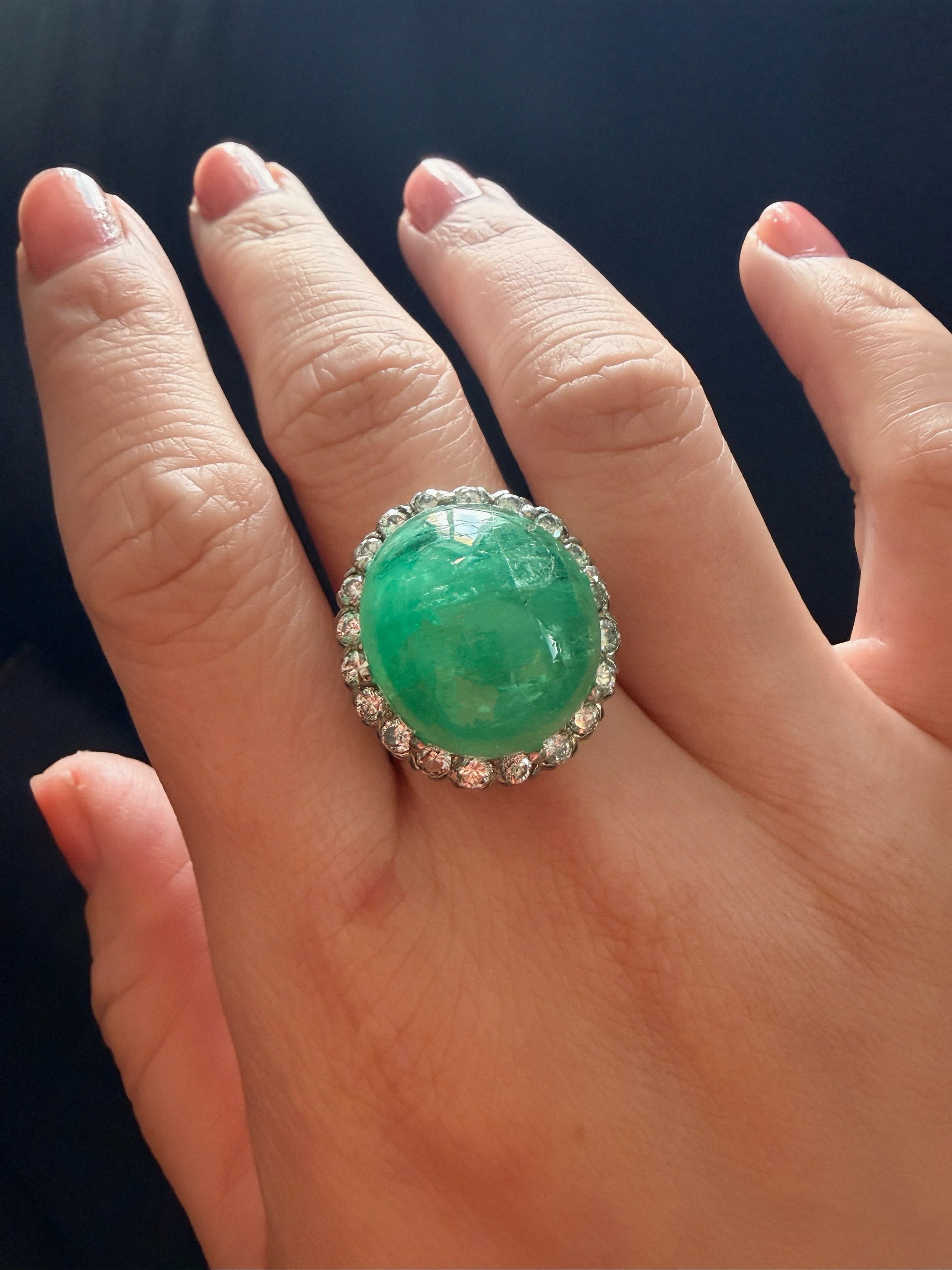 French vintage 18k white gold 19ct emerald diamond ring