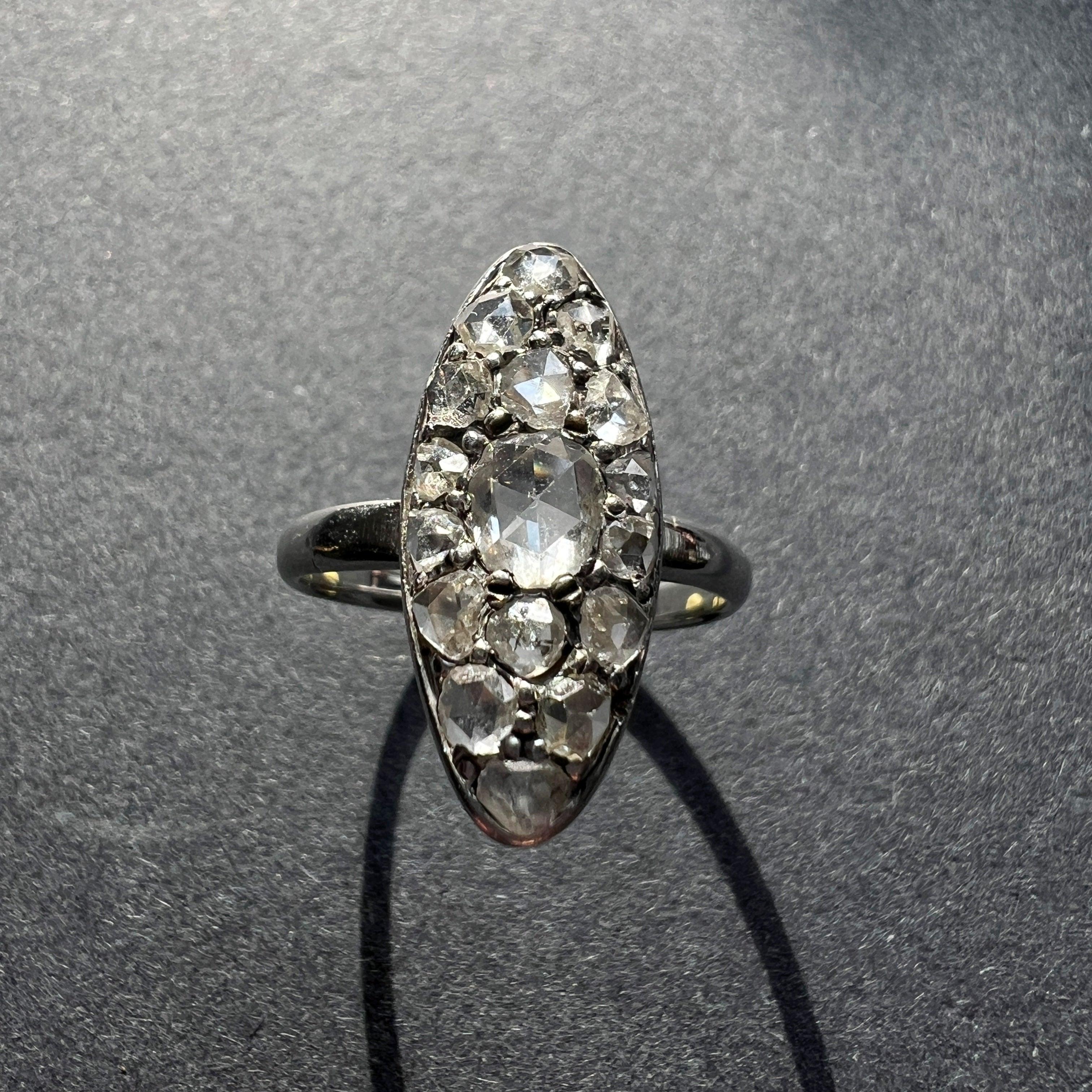 Victorian era 18K white gold rose cut diamond marquise ring