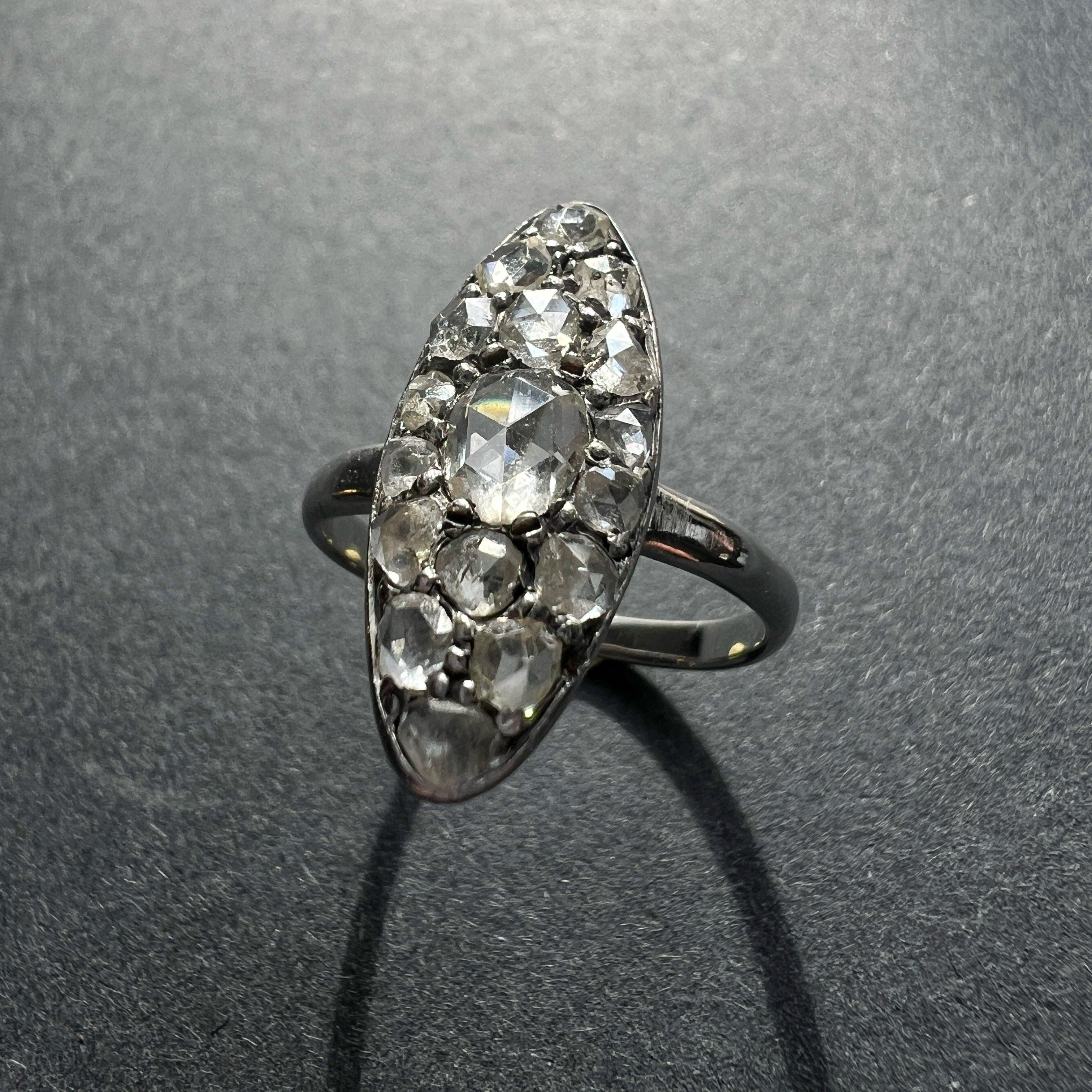 Victorian era 18K white gold rose cut diamond marquise ring