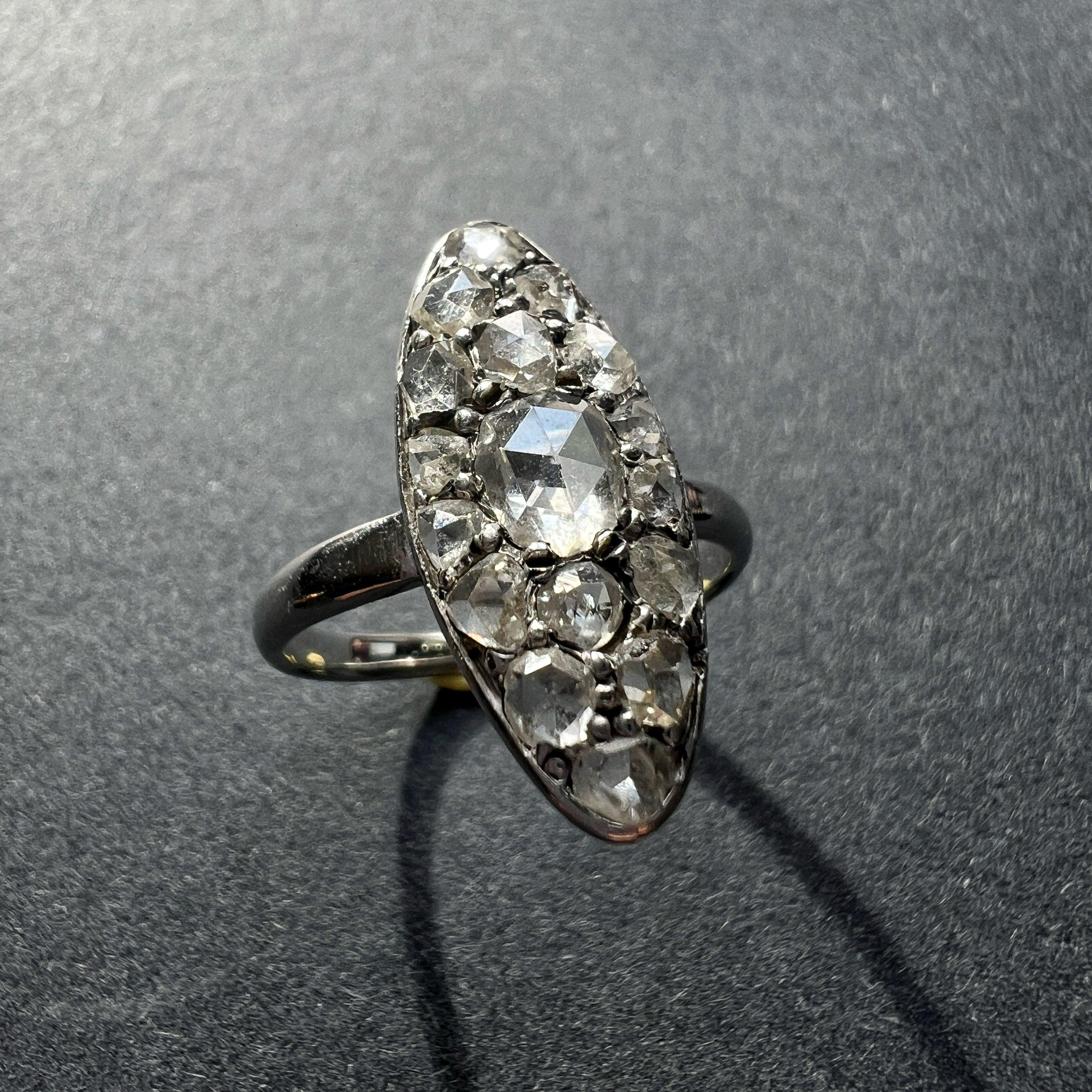 Victorian era 18K white gold rose cut diamond marquise ring