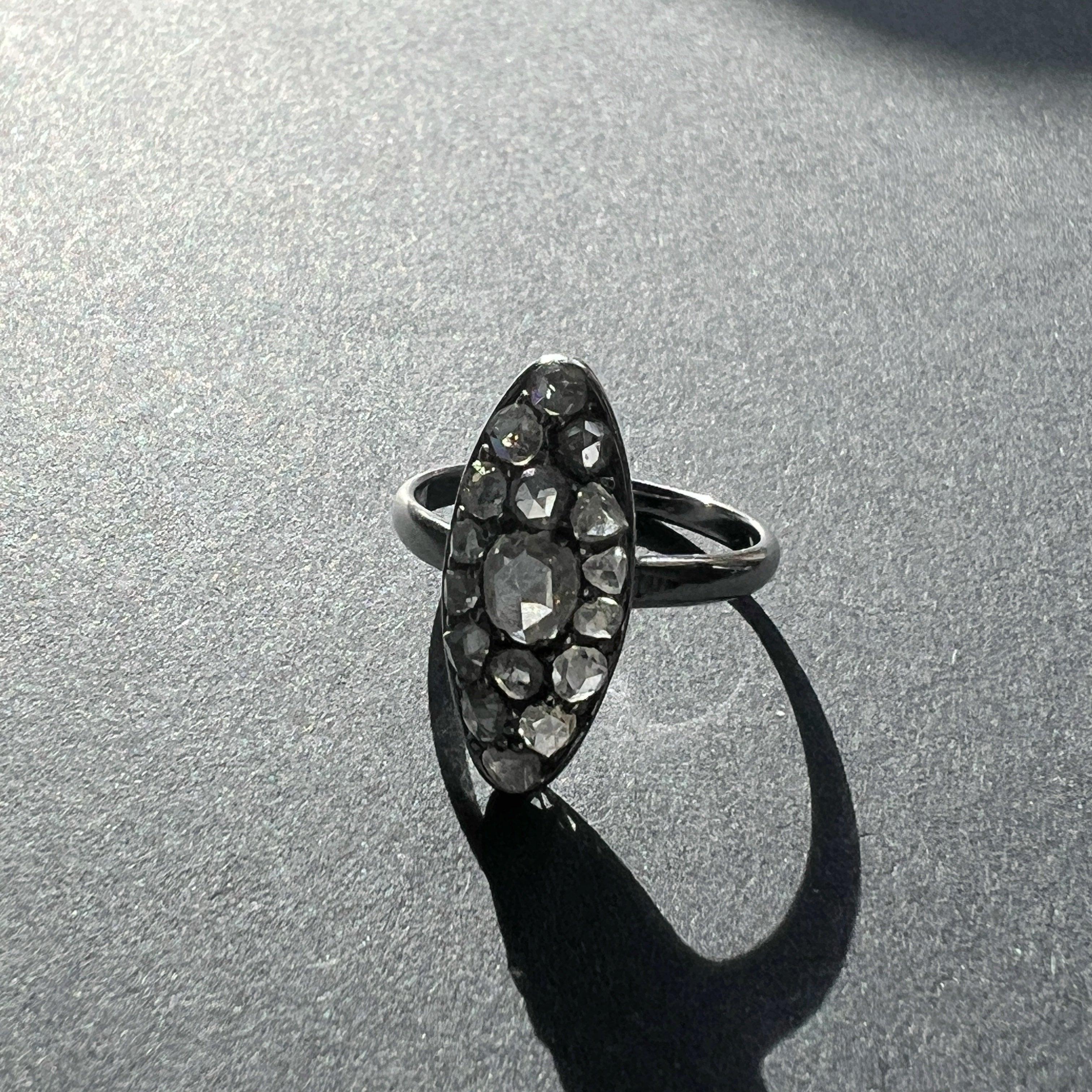 Victorian era 18K white gold rose cut diamond marquise ring