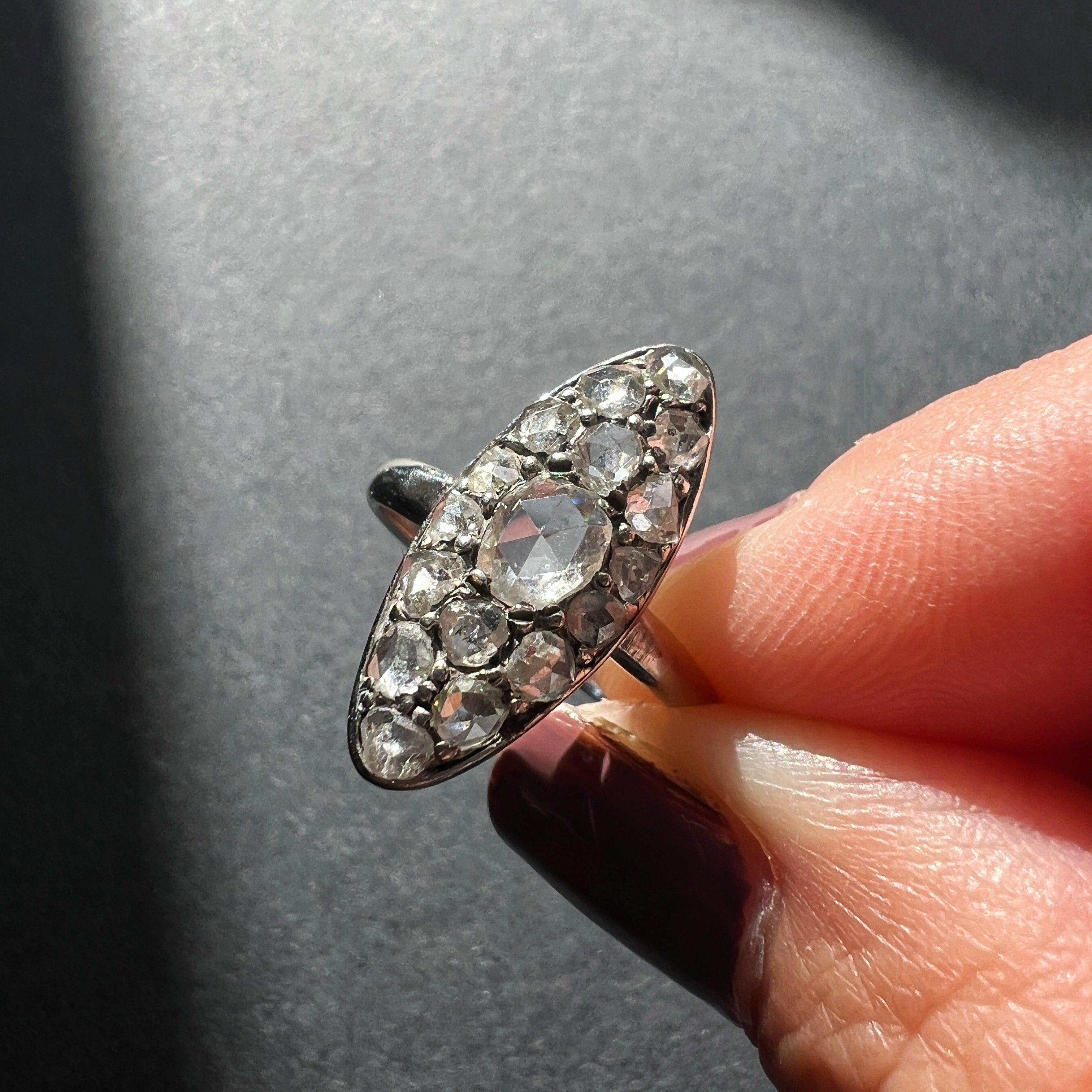Victorian era 18K white gold rose cut diamond marquise ring