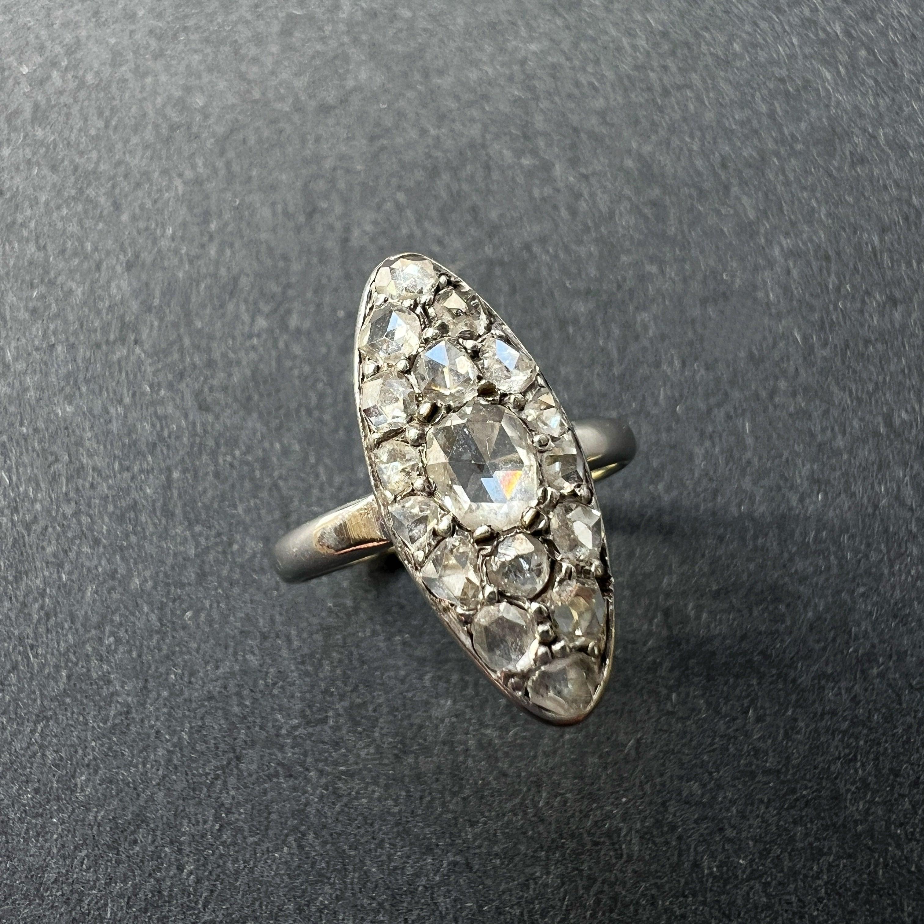Victorian era 18K white gold rose cut diamond marquise ring