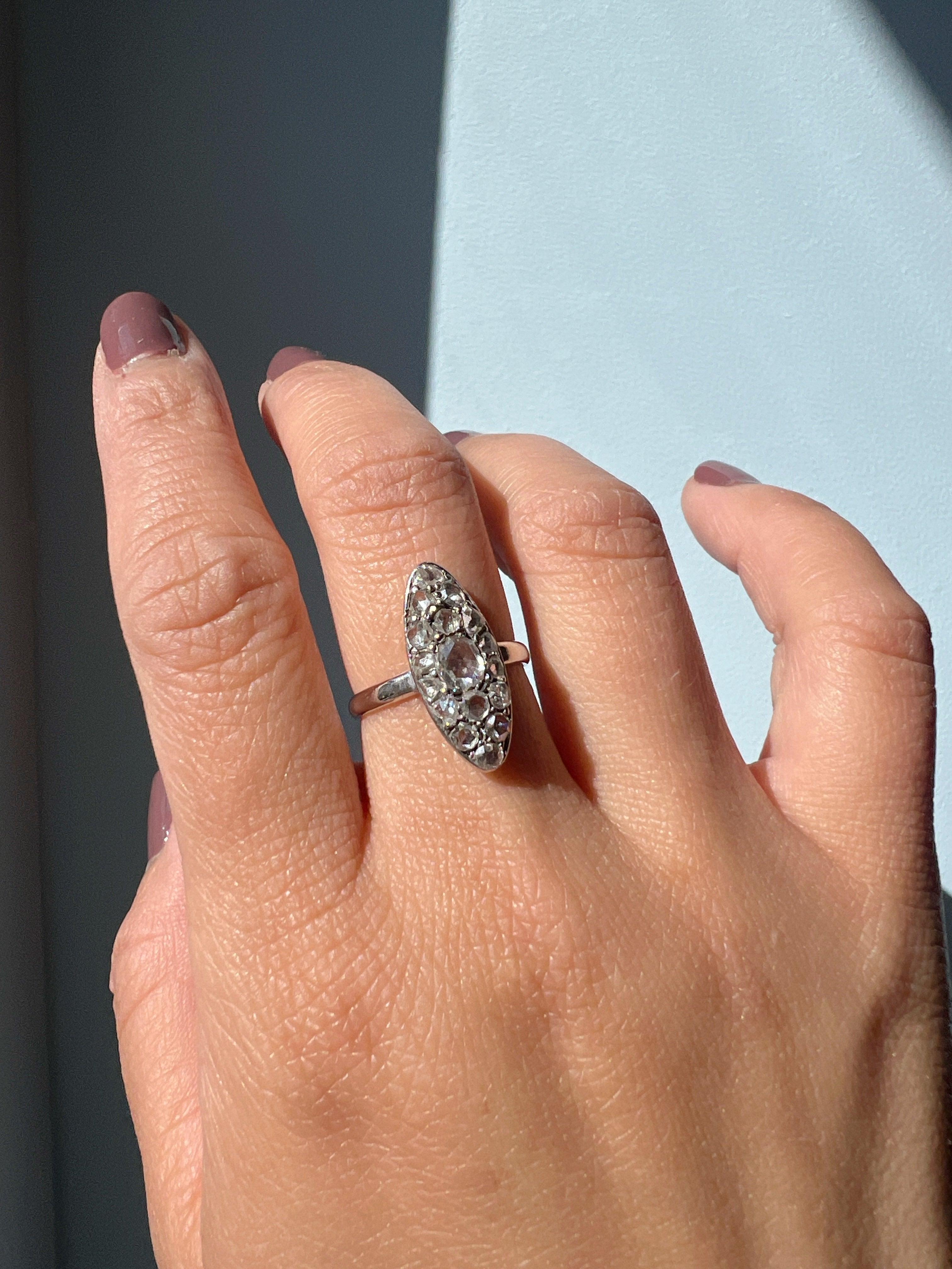 Victorian era 18K white gold rose cut diamond marquise ring