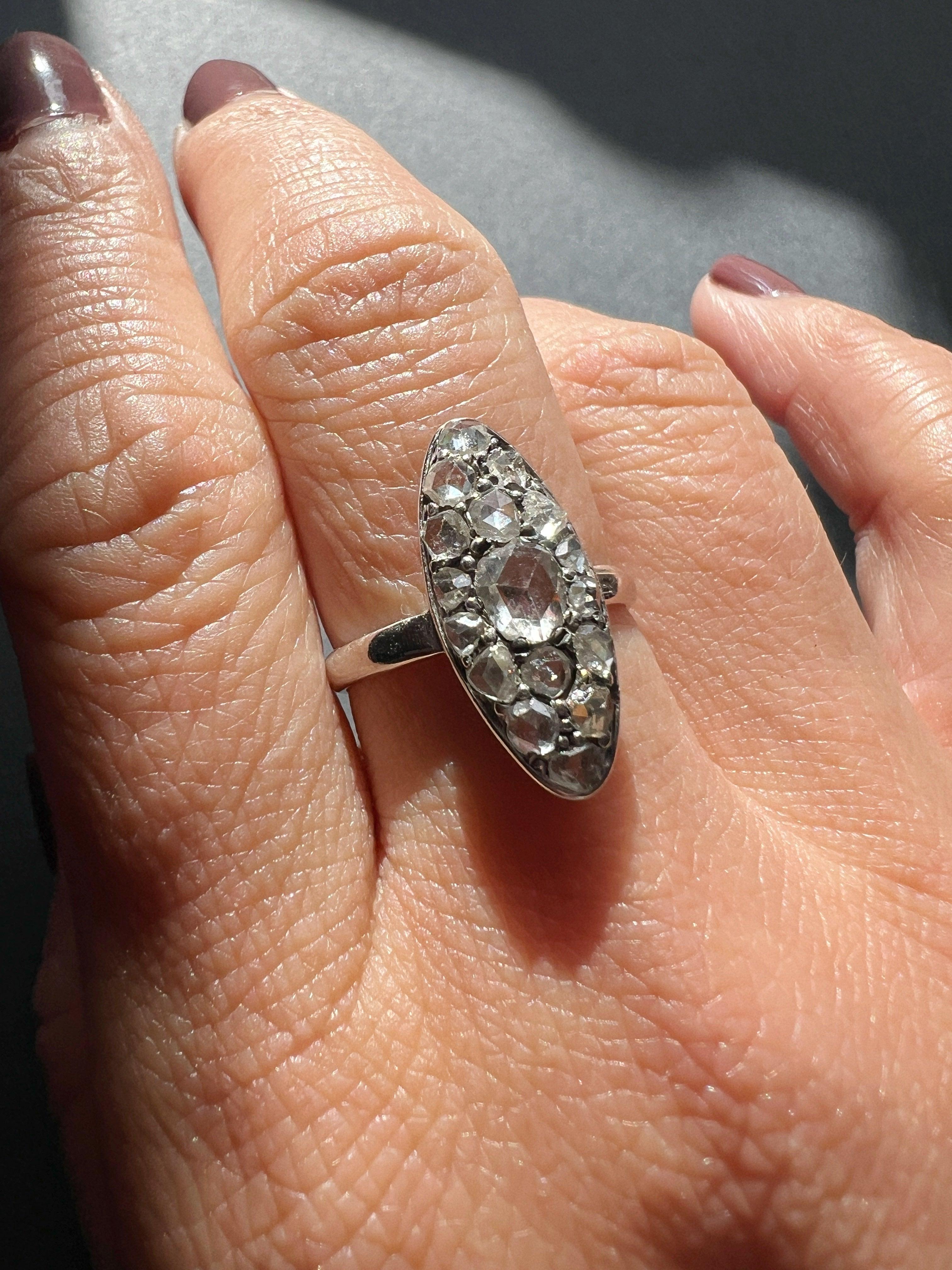 Victorian era 18K white gold rose cut diamond marquise ring