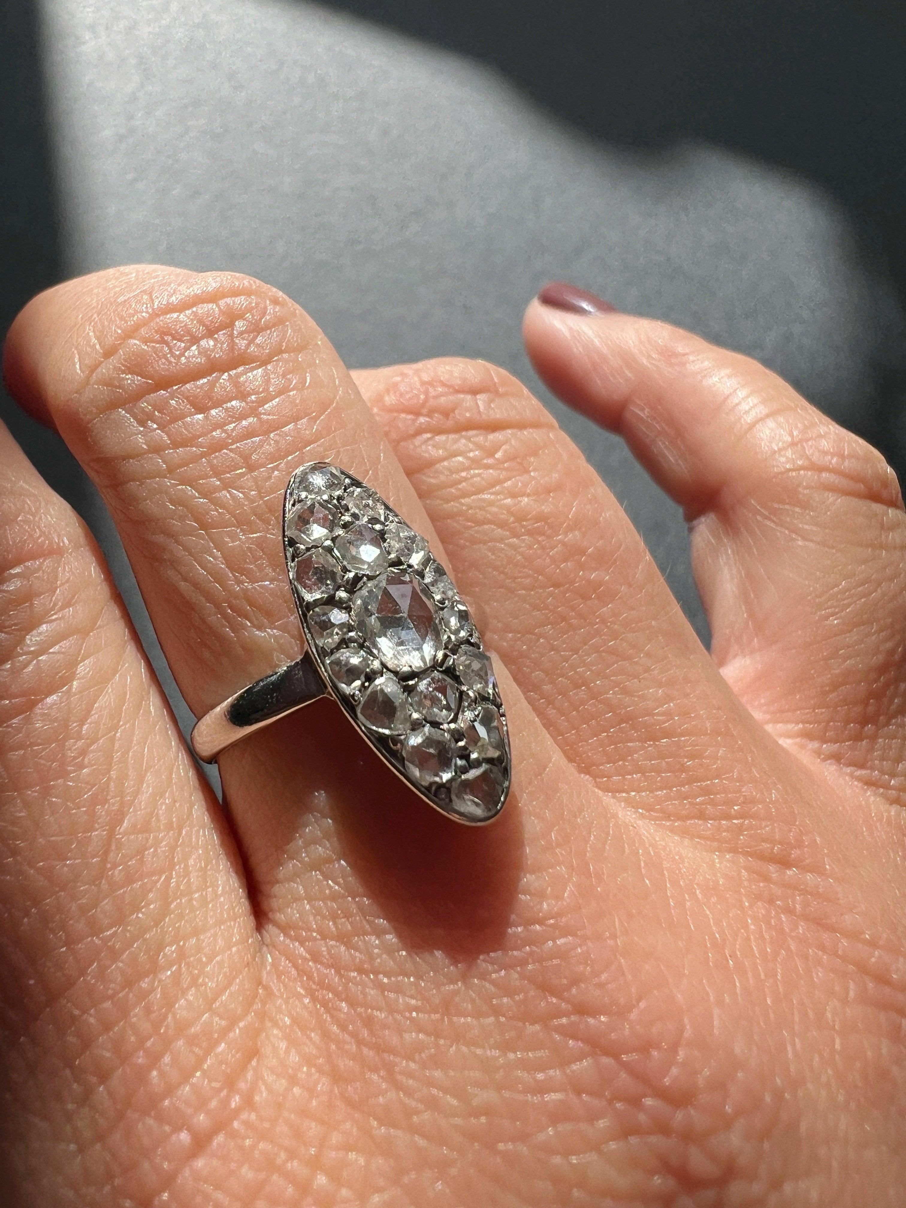 Victorian era 18K white gold rose cut diamond marquise ring