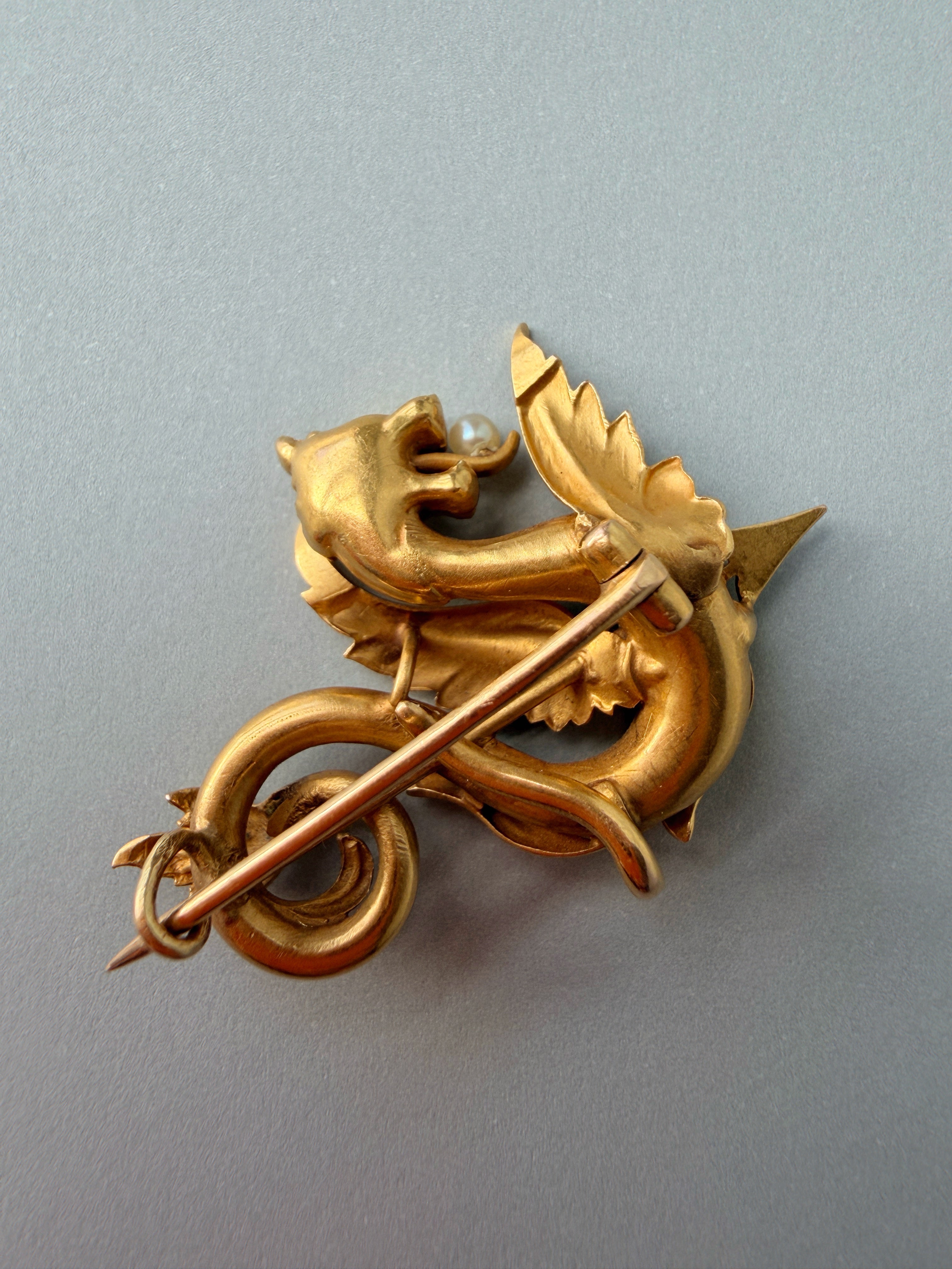 French Art Nouveau 18K Gold Chimera Brooch