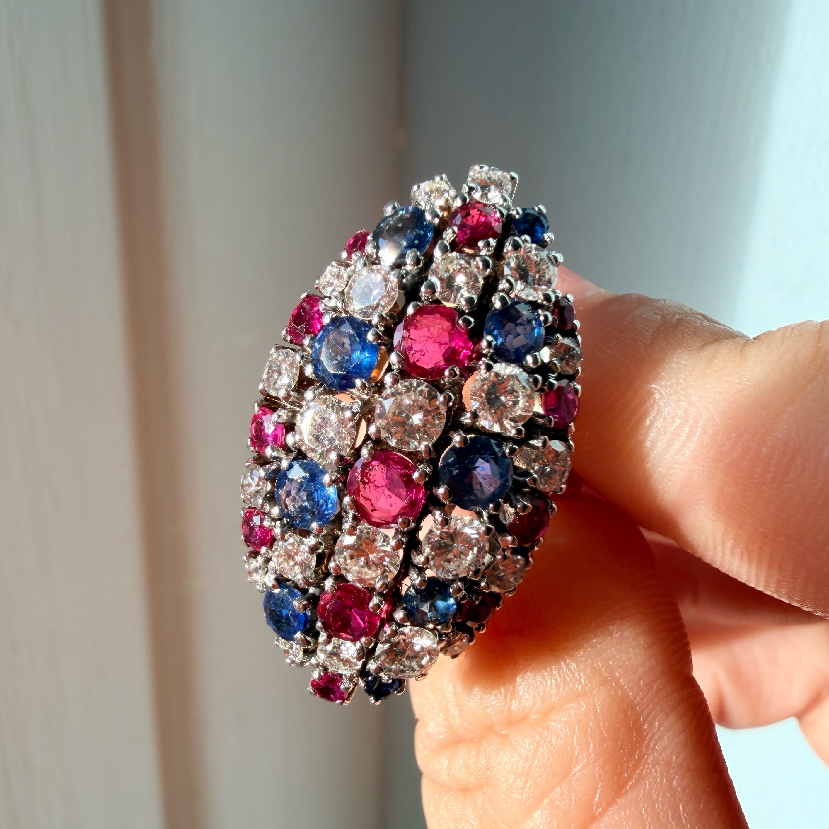 French Vintage 18K Gold Diamonds, Sapphires & Rubies marquise ring