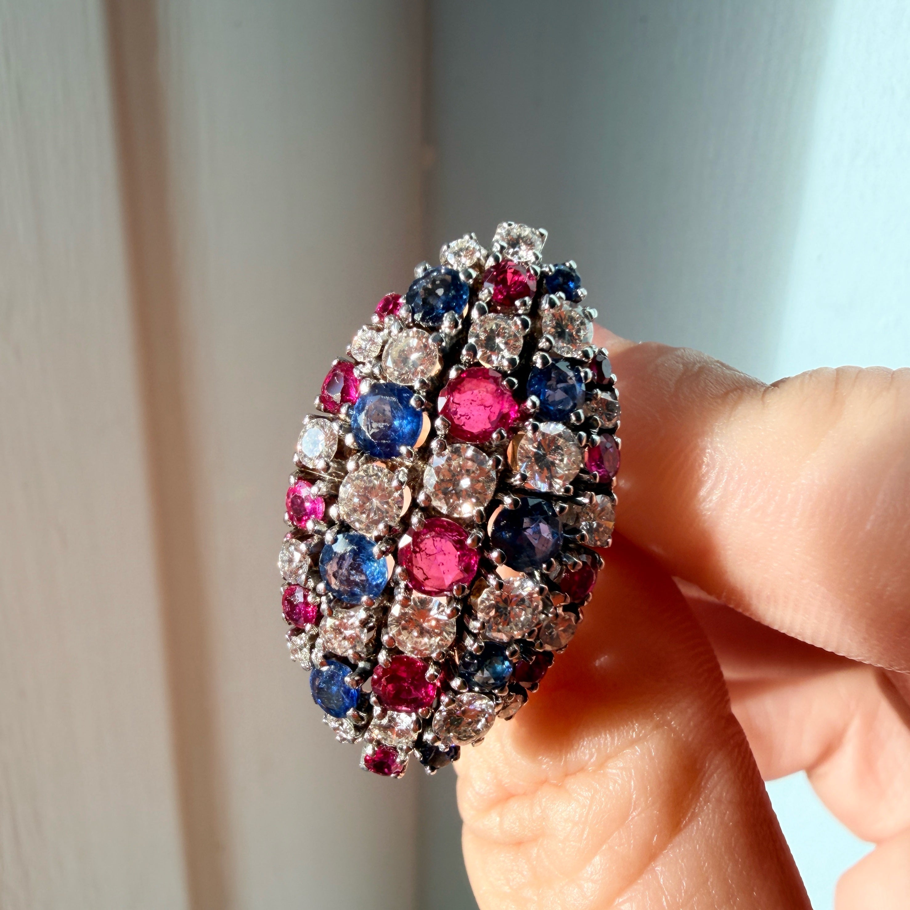 French Vintage 18K Gold Diamonds, Sapphires & Rubies marquise ring