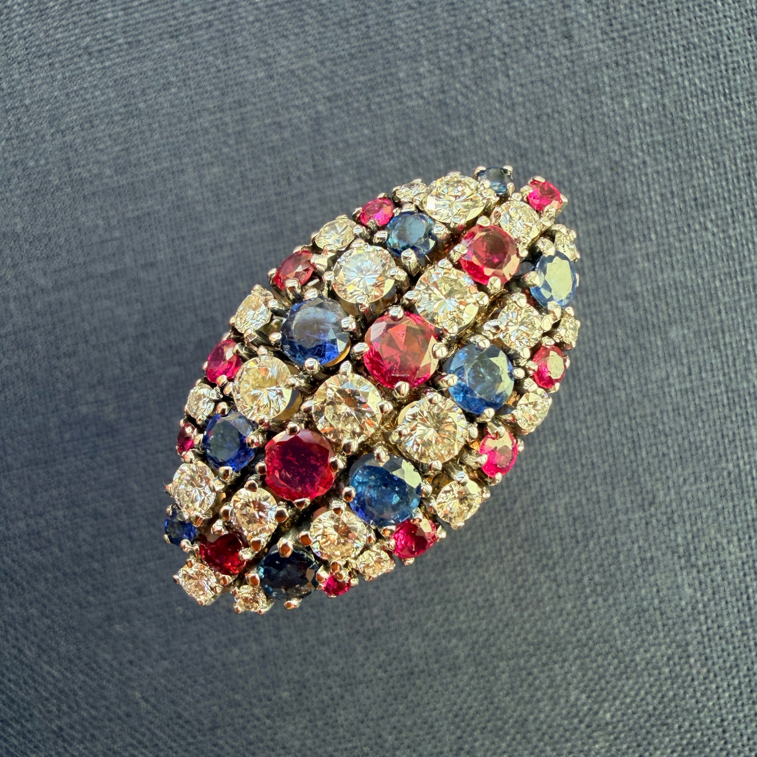 French Vintage 18K Gold Diamonds, Sapphires & Rubies marquise ring