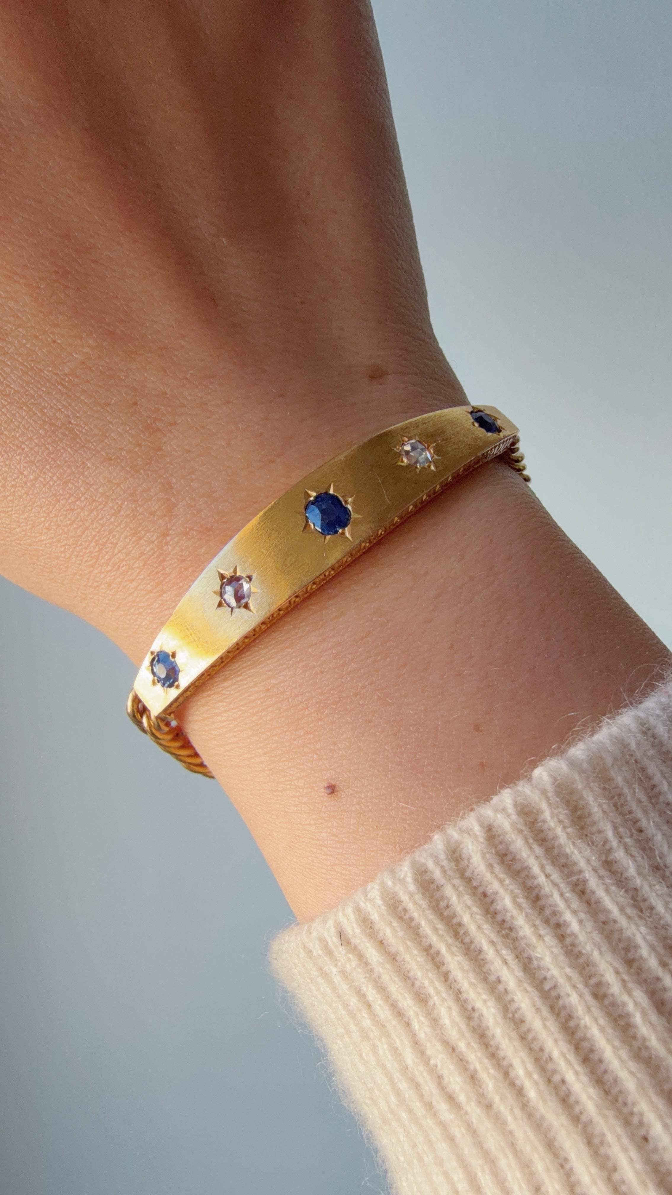 French antique 18K gold blue sapphire & diamond star curb link bracelet