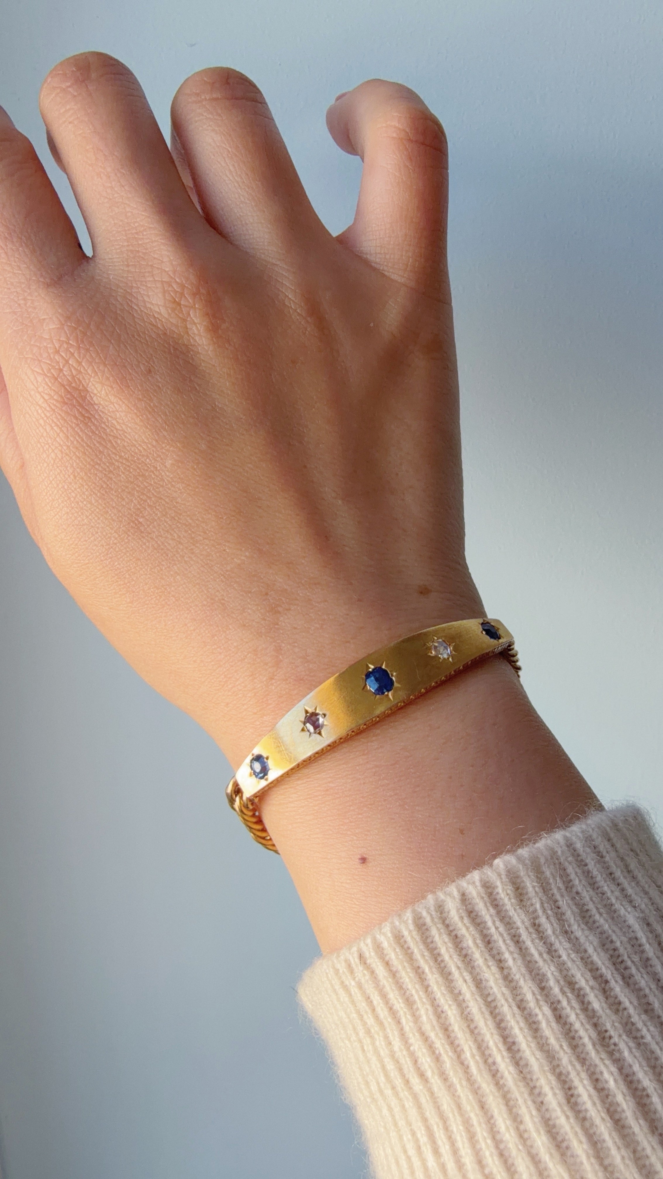 French antique 18K gold blue sapphire & diamond star curb link bracelet