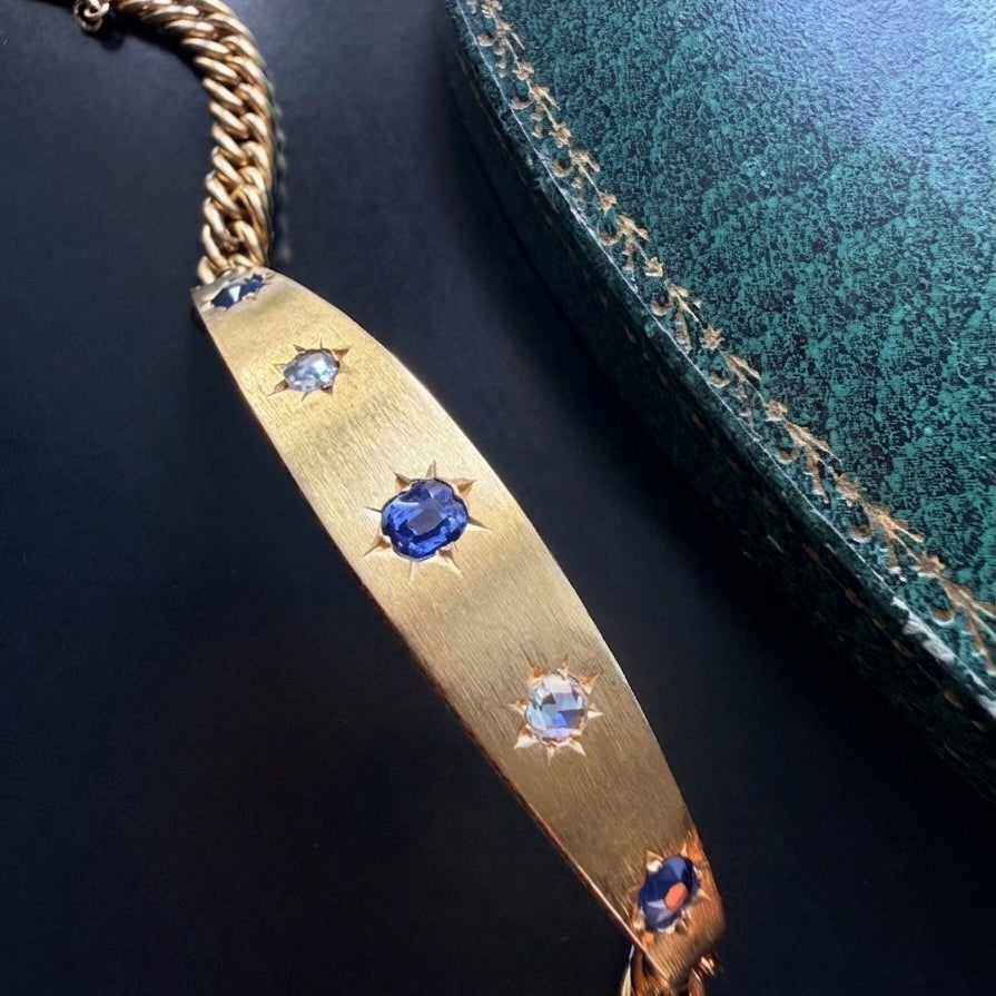 French antique 18K gold blue sapphire & diamond star curb link bracelet